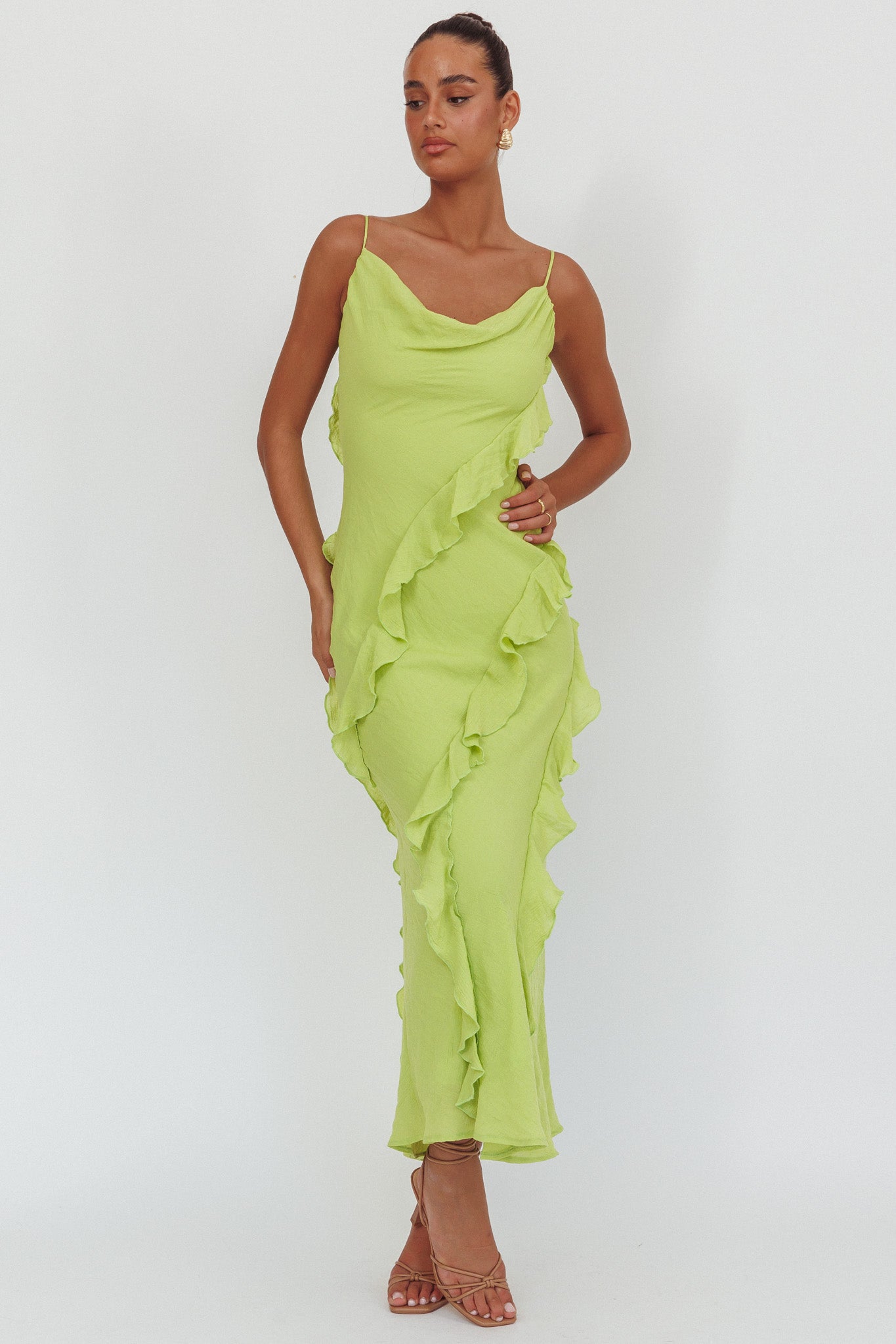 Panama Bay Ruffle Trim Cowl Neck Maxi Dress Sage by Selfie Leslie Australia