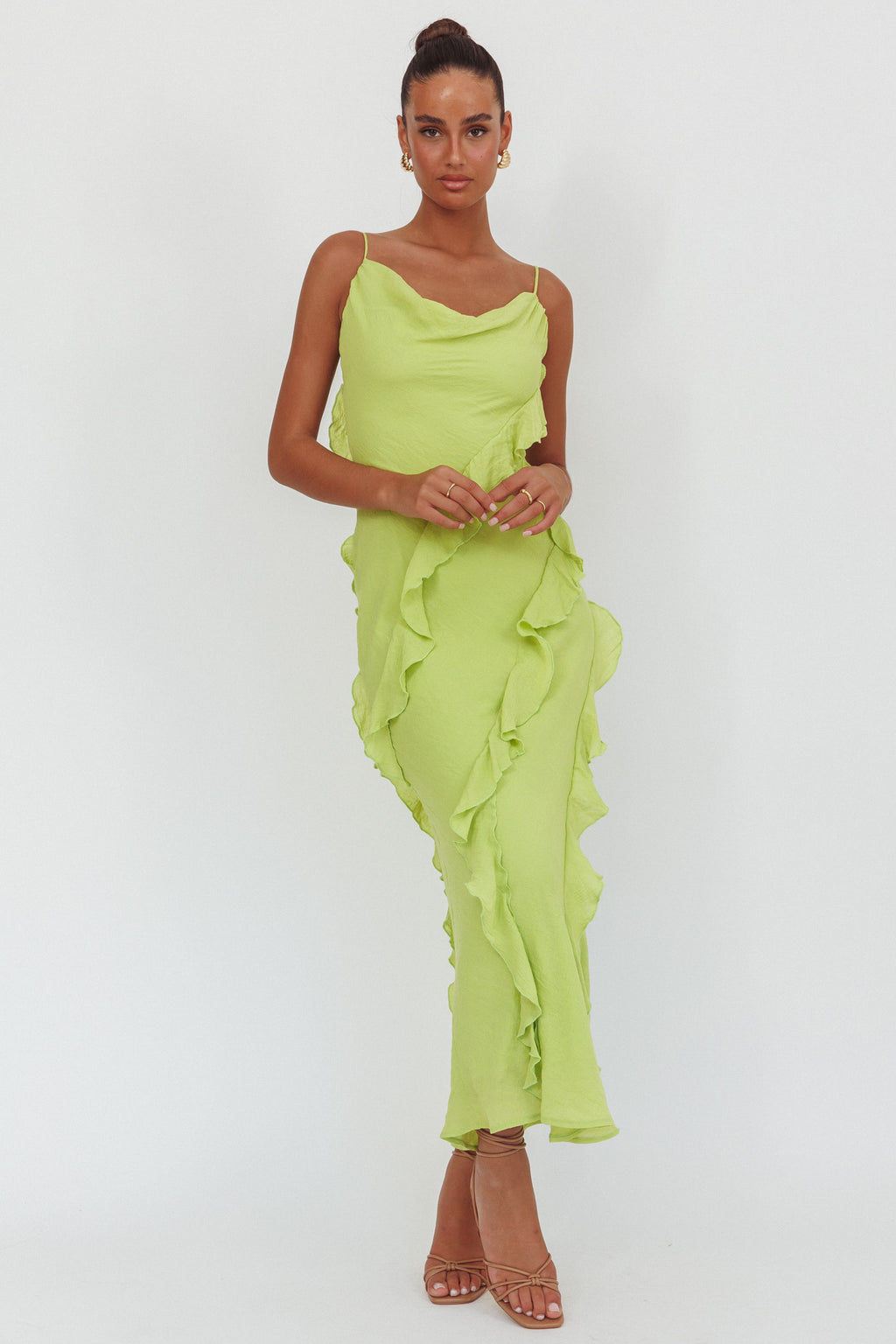 Panama Bay Ruffle Trim Cowl Neck Maxi Dress Sage by Selfie Leslie Australia