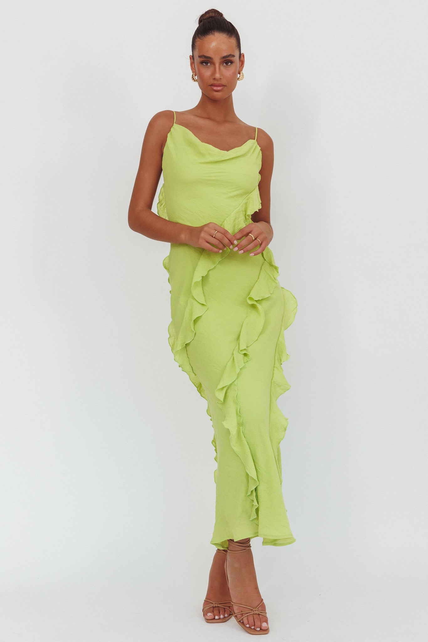 Panama Bay Ruffle Trim Cowl Neck Maxi Dress Sage by Selfie Leslie Australia