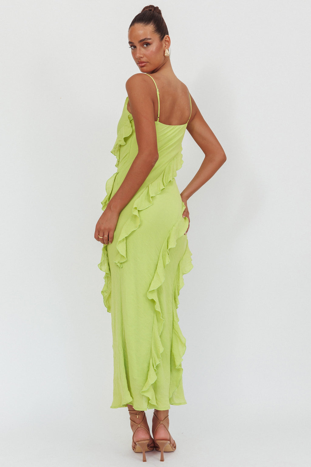 Panama Bay Ruffle Trim Cowl Neck Maxi Dress Sage by Selfie Leslie Australia