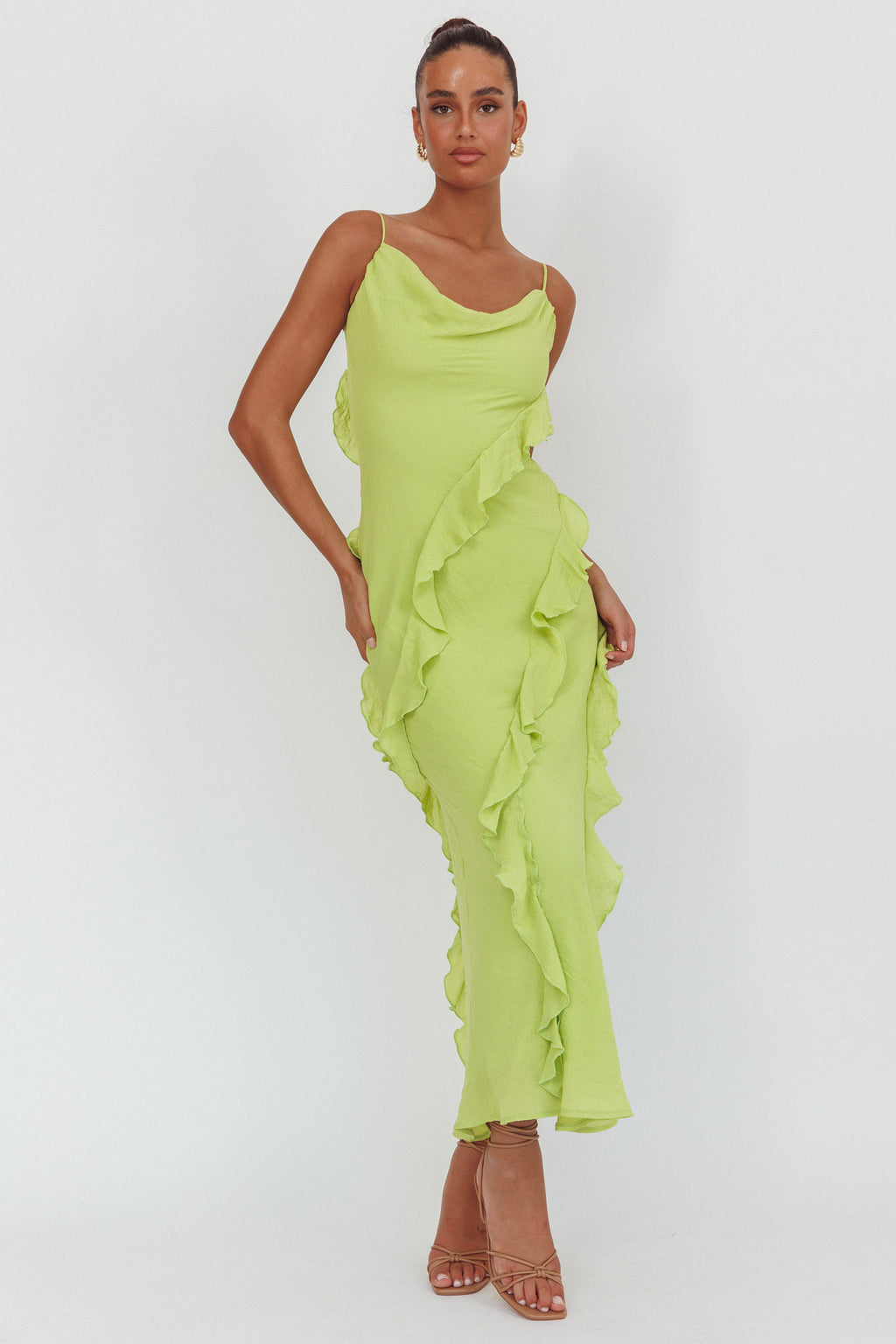 Panama Bay Ruffle Trim Cowl Neck Maxi Dress Sage by Selfie Leslie Australia
