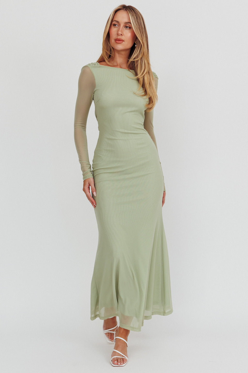 Lustre Open Back Mesh Maxi Dress Sage by Selfie Leslie Australia