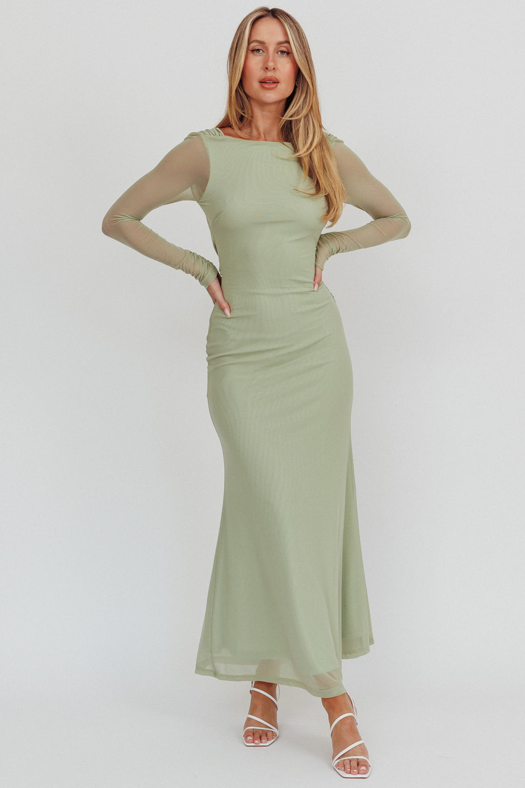 Lustre Open Back Mesh Maxi Dress Sage by Selfie Leslie Australia