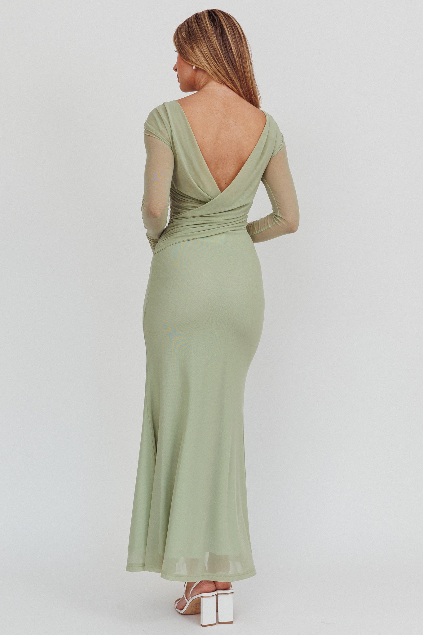 Lustre Open Back Mesh Maxi Dress Sage by Selfie Leslie Australia