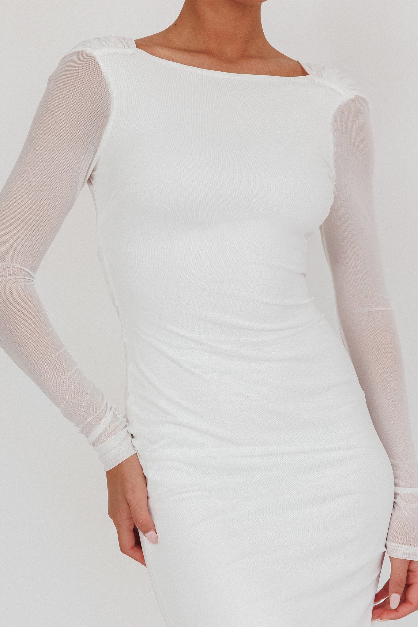 Lustre Open Back Mesh Maxi Dress White by Selfie Leslie Australia