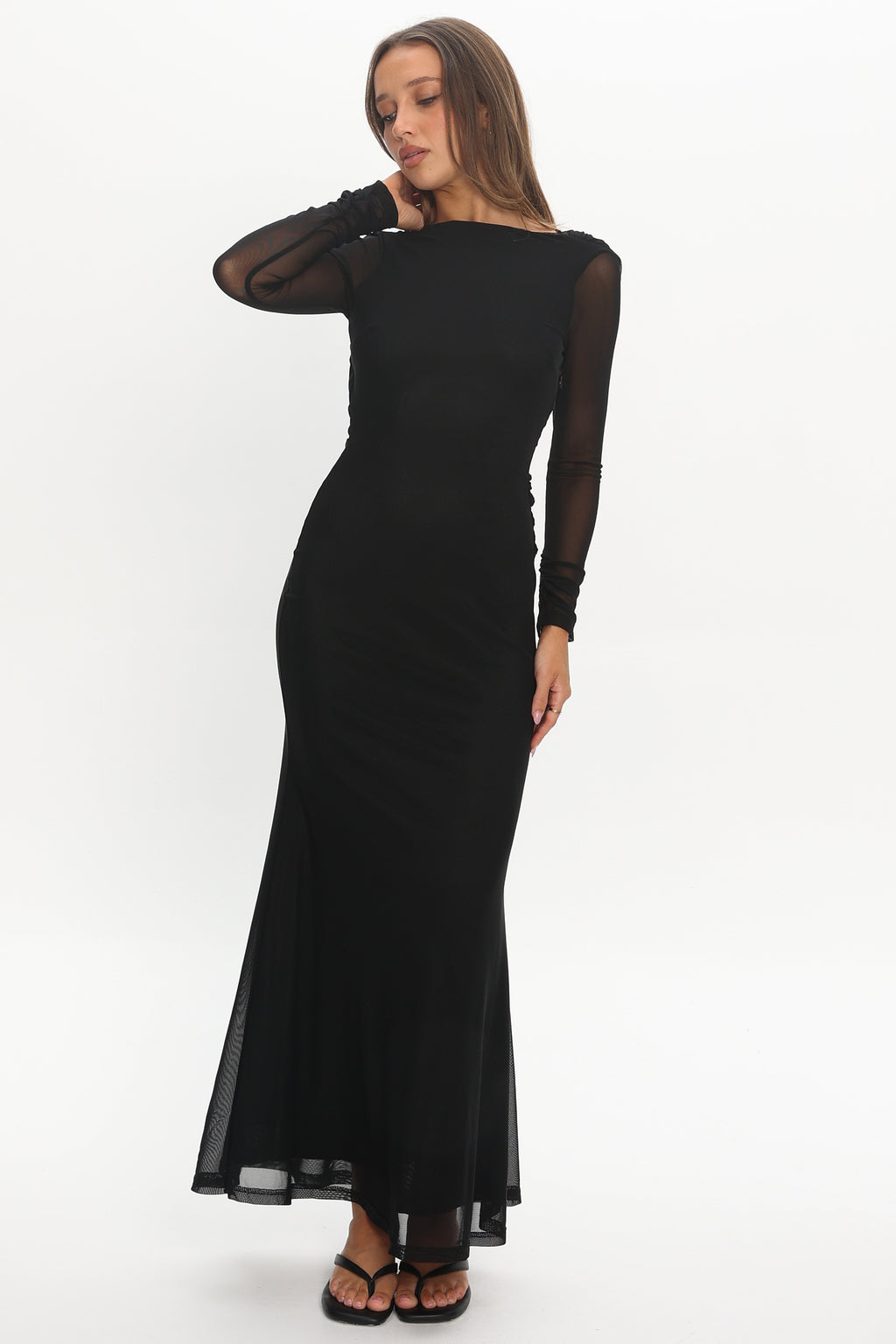 Lustre Open Back Mesh Maxi Dress Black