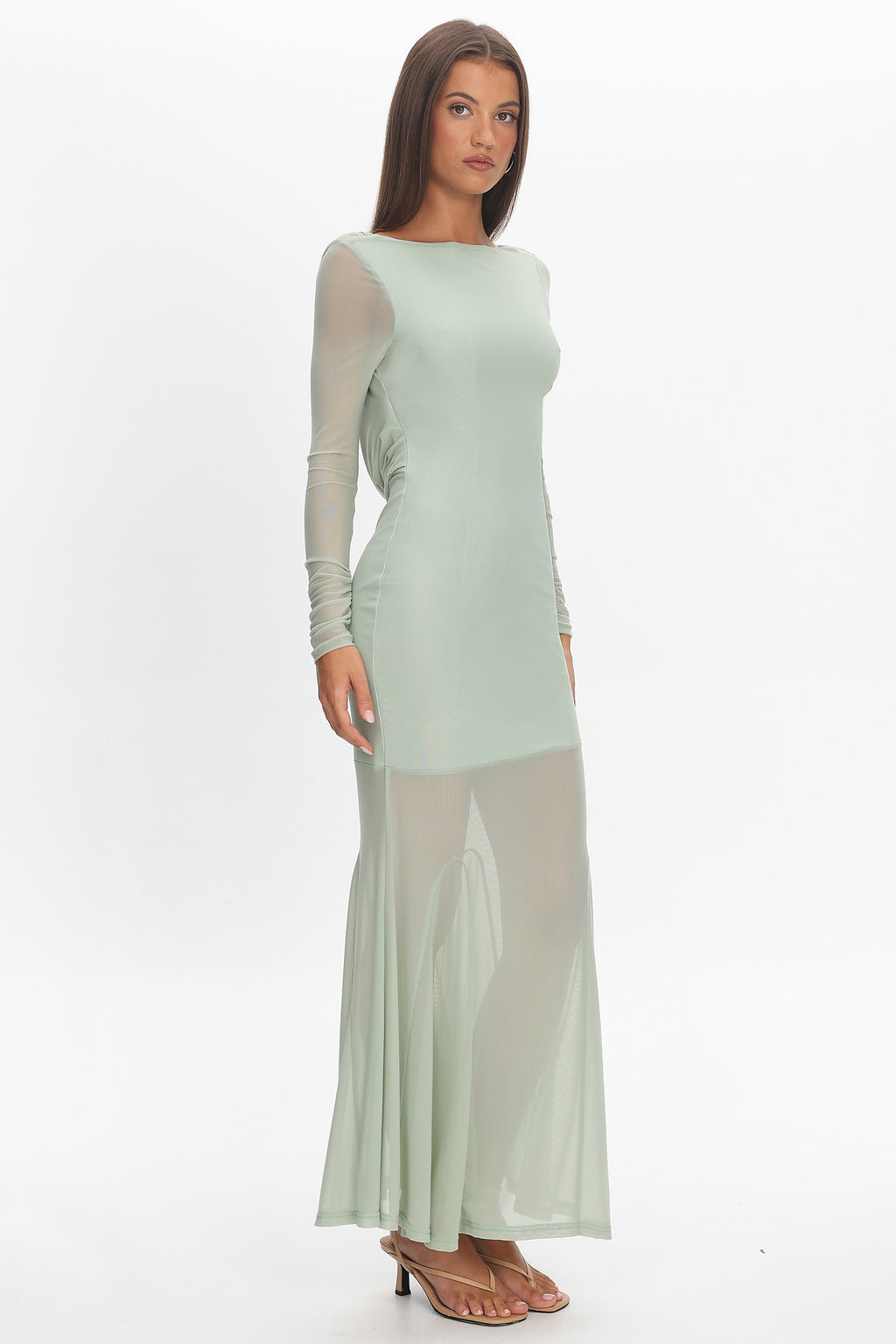 Lustre Long Sleeve Open Back Maxi Dress Sage by Selfie Leslie Australia