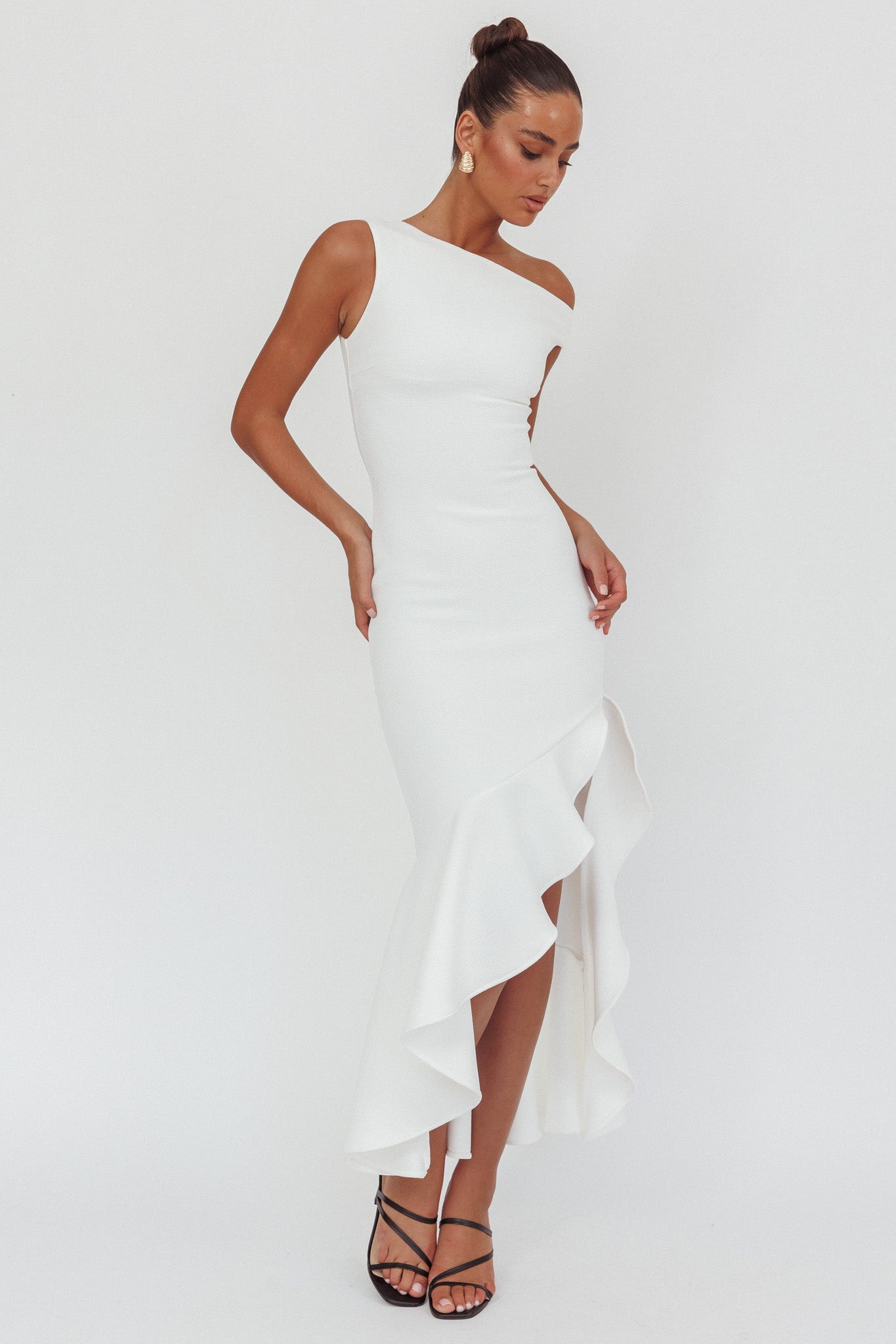 Lights On One-Shoulder Ruffle Hem Maxi Dress White by Selfie Leslie Australia