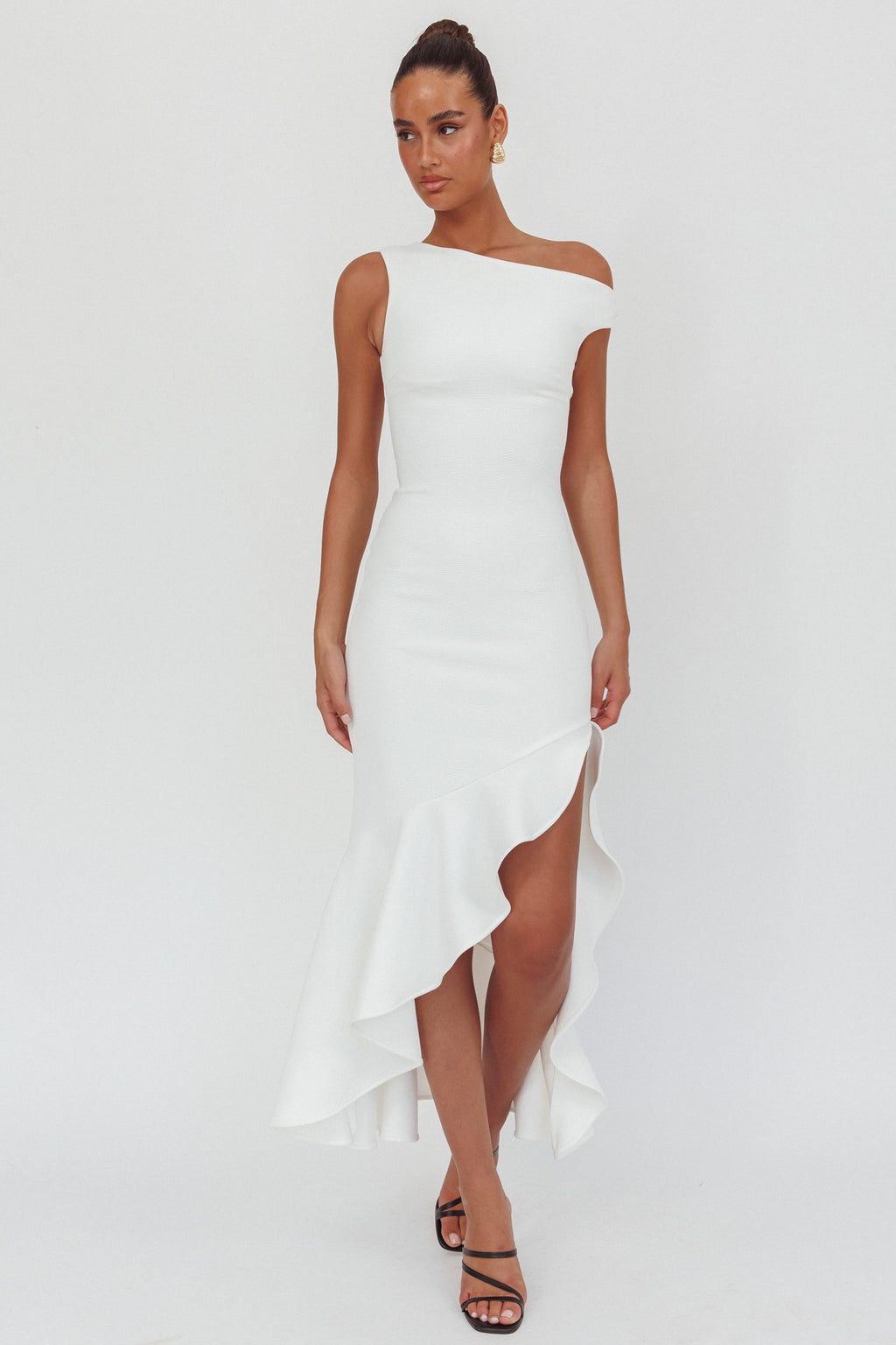 Lights On One-Shoulder Ruffle Hem Maxi Dress White by Selfie Leslie Australia