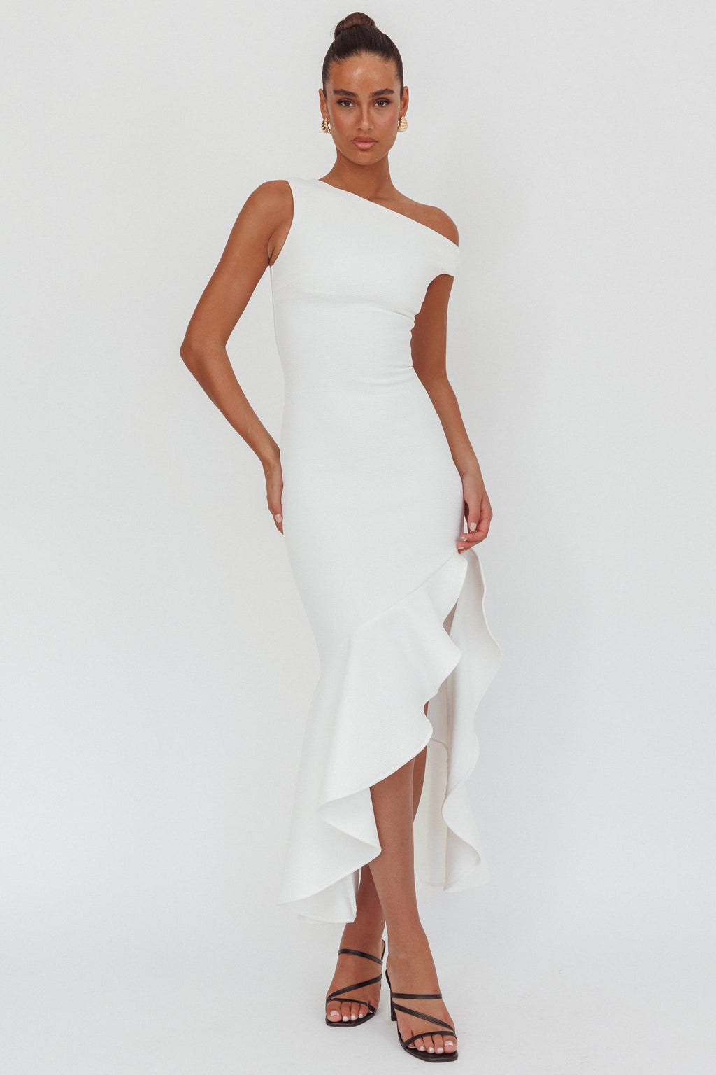 Lights On One-Shoulder Ruffle Hem Maxi Dress White by Selfie Leslie Australia