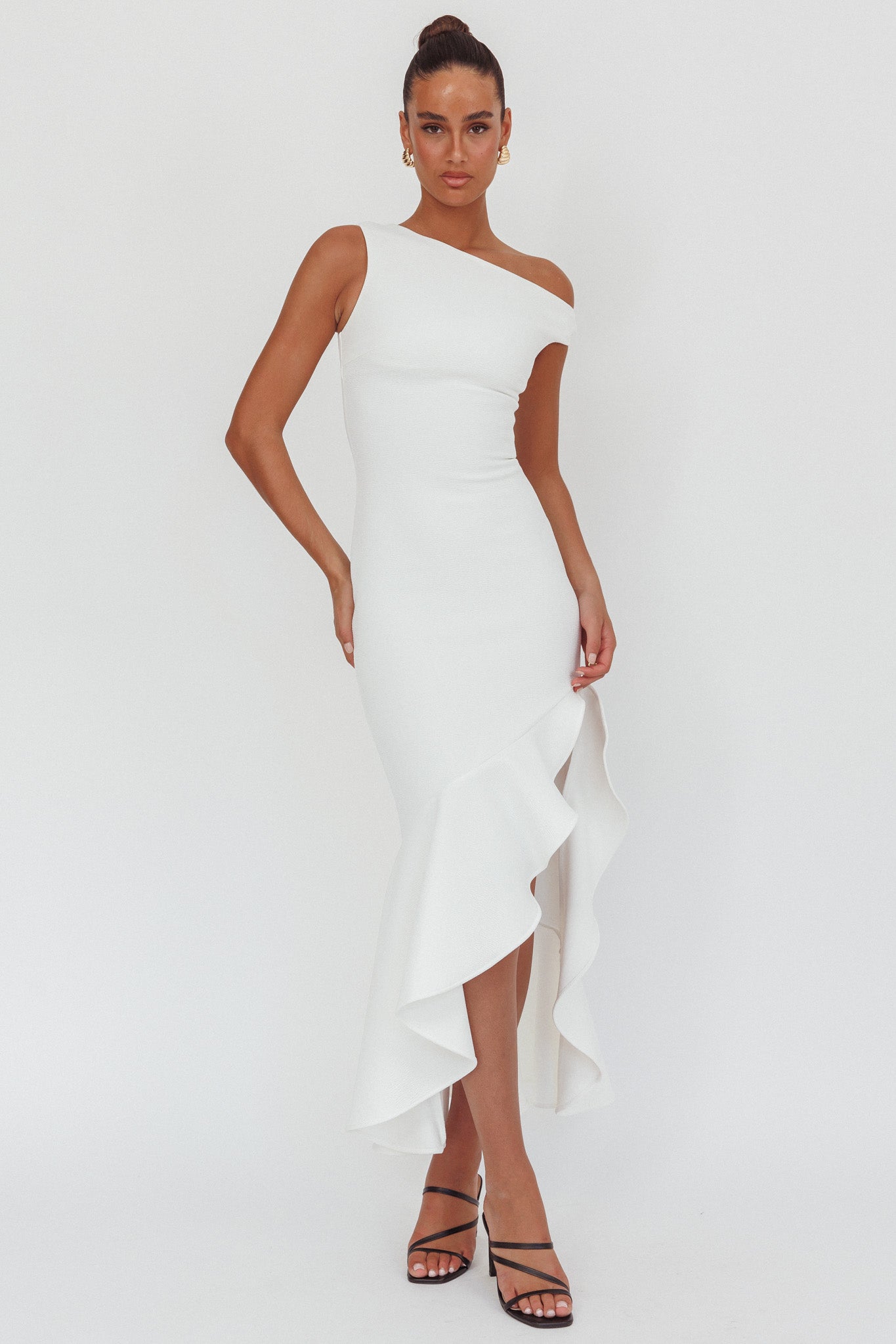 Lights On One-Shoulder Ruffle Hem Maxi Dress White by Selfie Leslie Australia