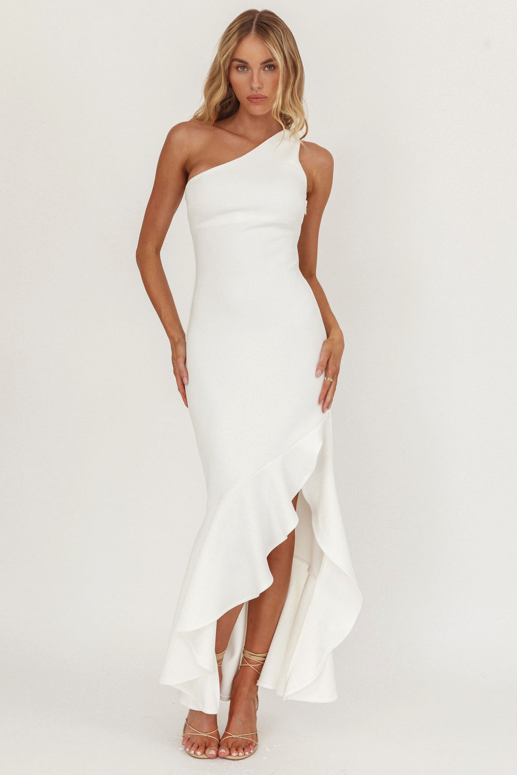 Lights On One-Shoulder Split Ruffle Hem Maxi Dress White by Selfie Leslie Australia