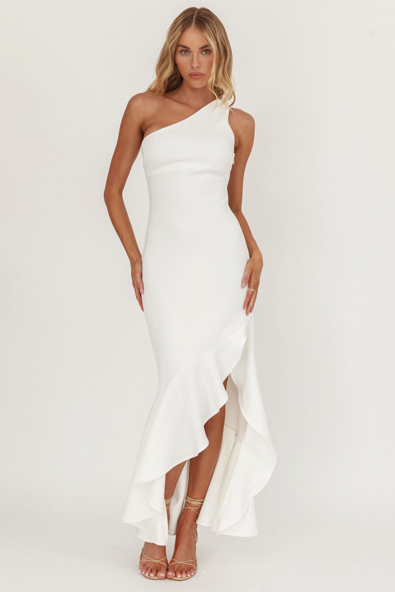 Lights On One-Shoulder Split Ruffle Hem Maxi Dress White by Selfie Leslie Australia