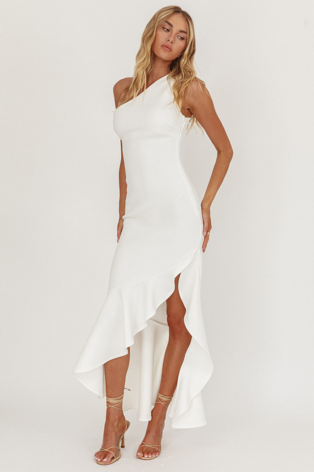 Lights On One-Shoulder Split Ruffle Hem Maxi Dress White by Selfie Leslie Australia