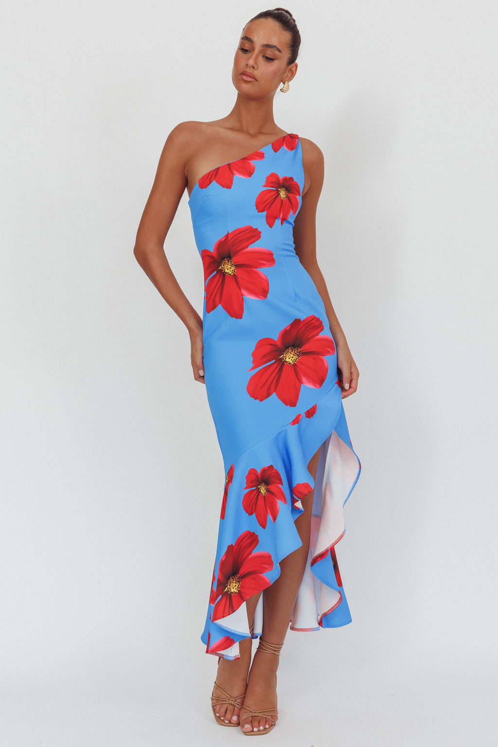 Lights On One-Shoulder Ruffle Hem Maxi Dress Floral Blue by Selfie Leslie Australia