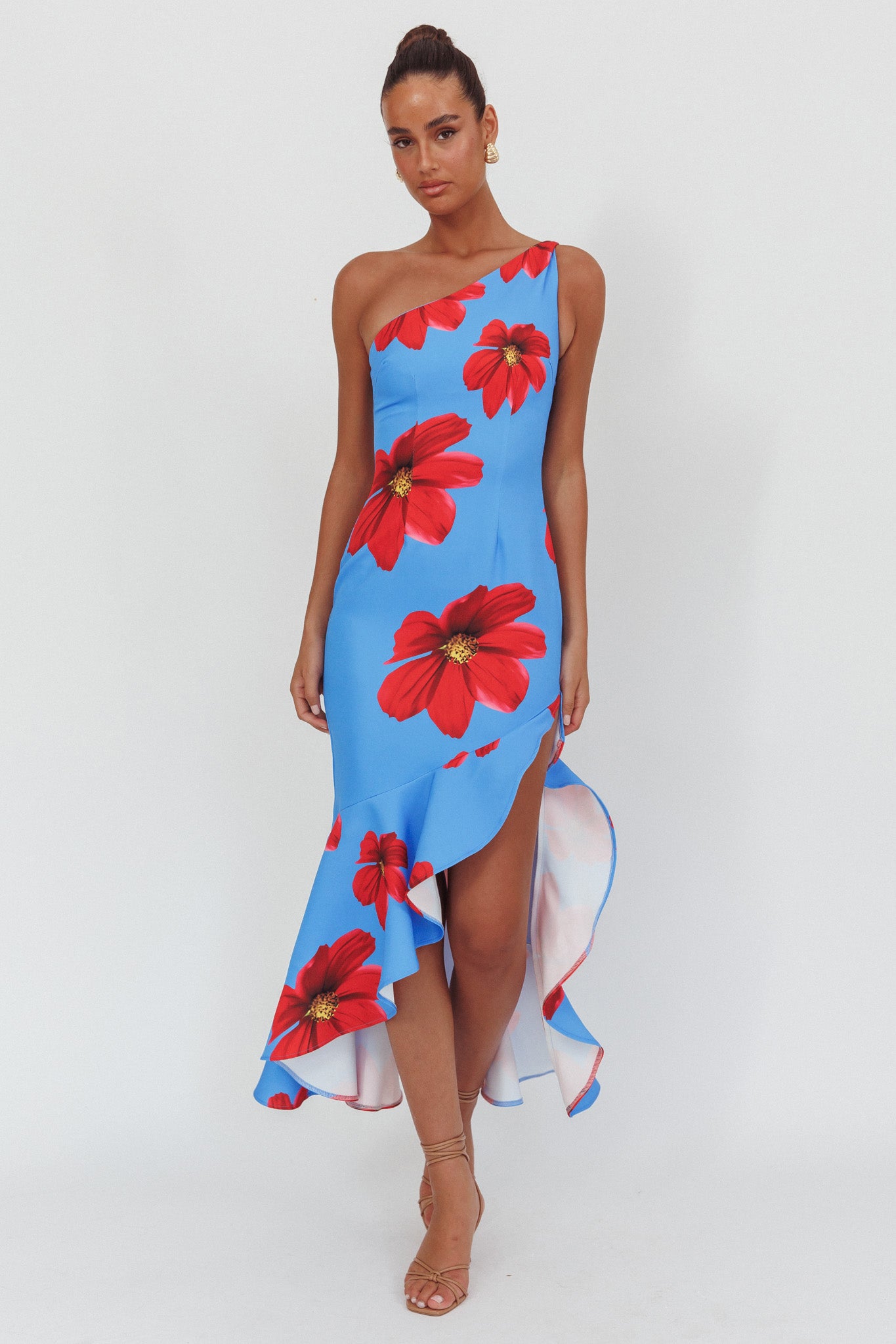 Lights On One-Shoulder Ruffle Hem Maxi Dress Floral Blue by Selfie Leslie Australia