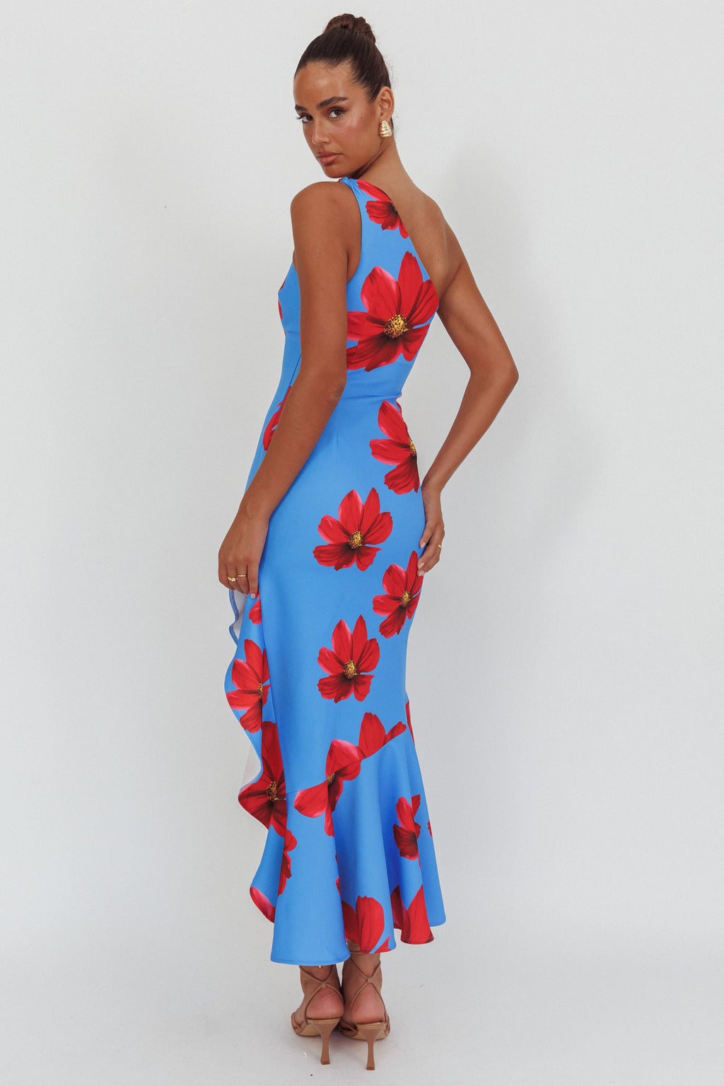 Lights On One-Shoulder Ruffle Hem Maxi Dress Floral Blue by Selfie Leslie Australia