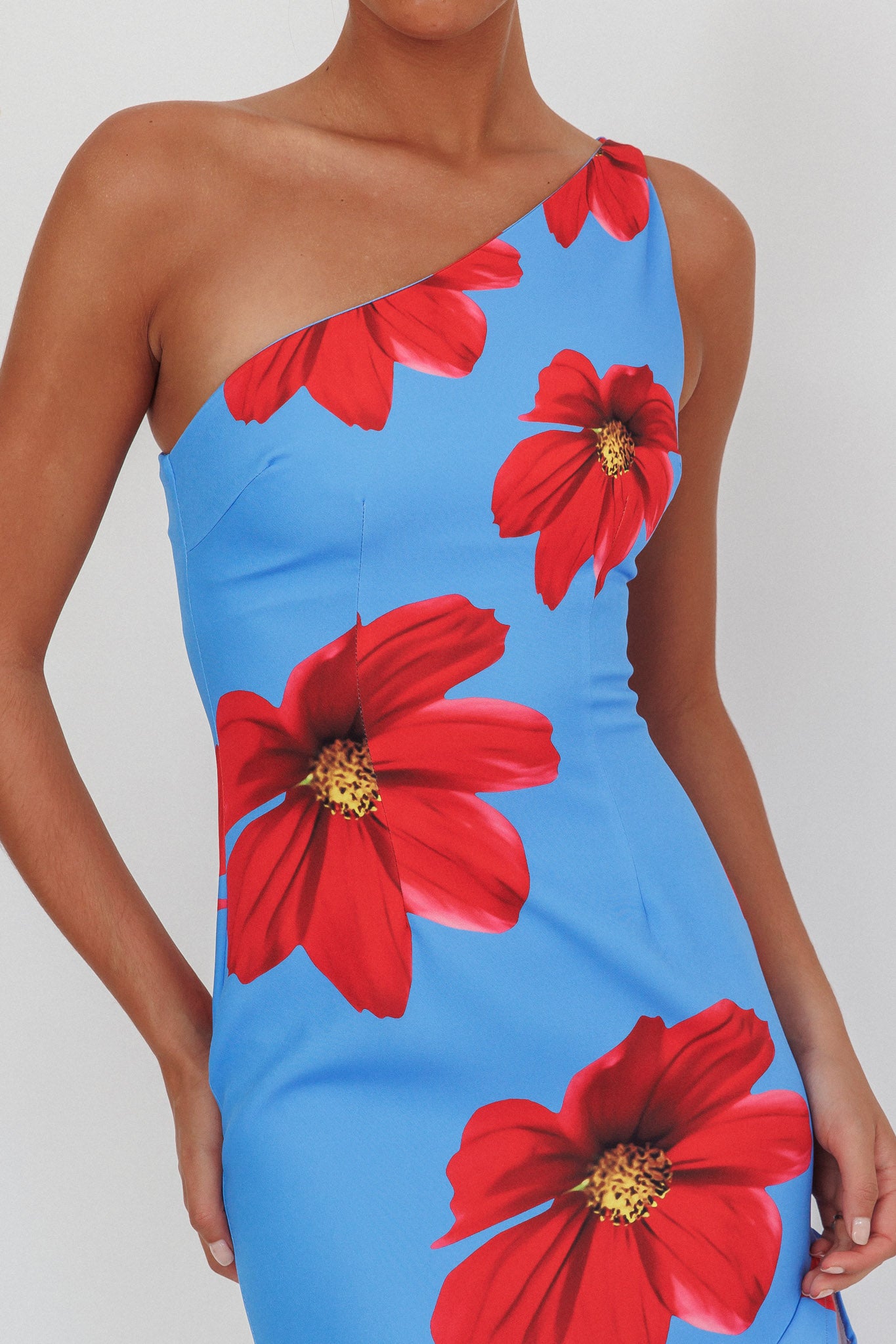 Lights On One-Shoulder Ruffle Hem Maxi Dress Floral Blue by Selfie Leslie Australia