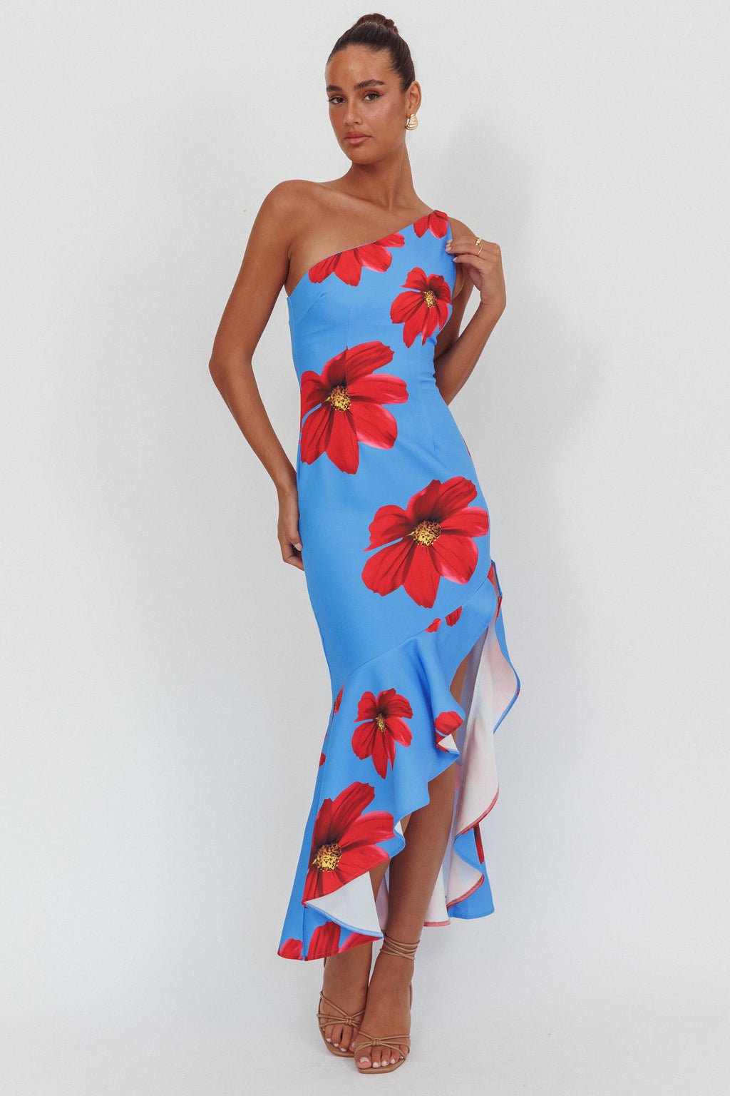 Lights On One-Shoulder Ruffle Hem Maxi Dress Floral Blue by Selfie Leslie Australia