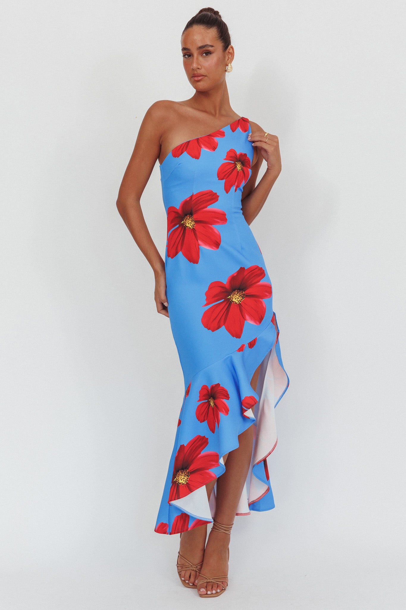 Lights On One-Shoulder Ruffle Hem Maxi Dress Floral Blue by Selfie Leslie Australia