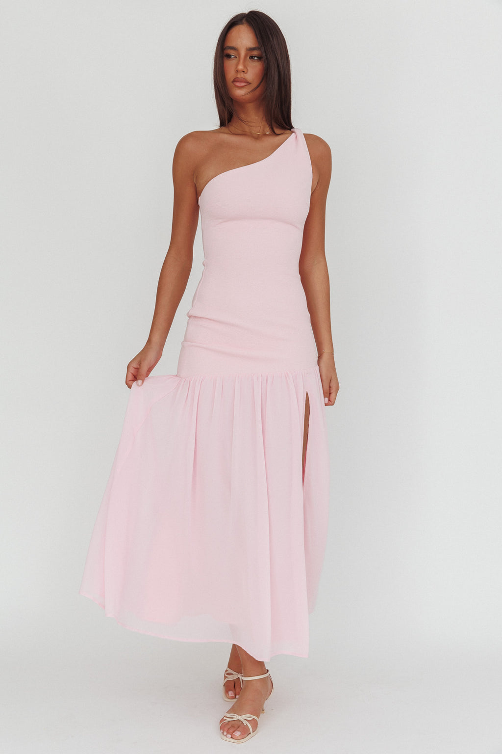 Lights On One-Shoulder Drop Waist Maxi Dress Pink by Selfie Leslie Australia