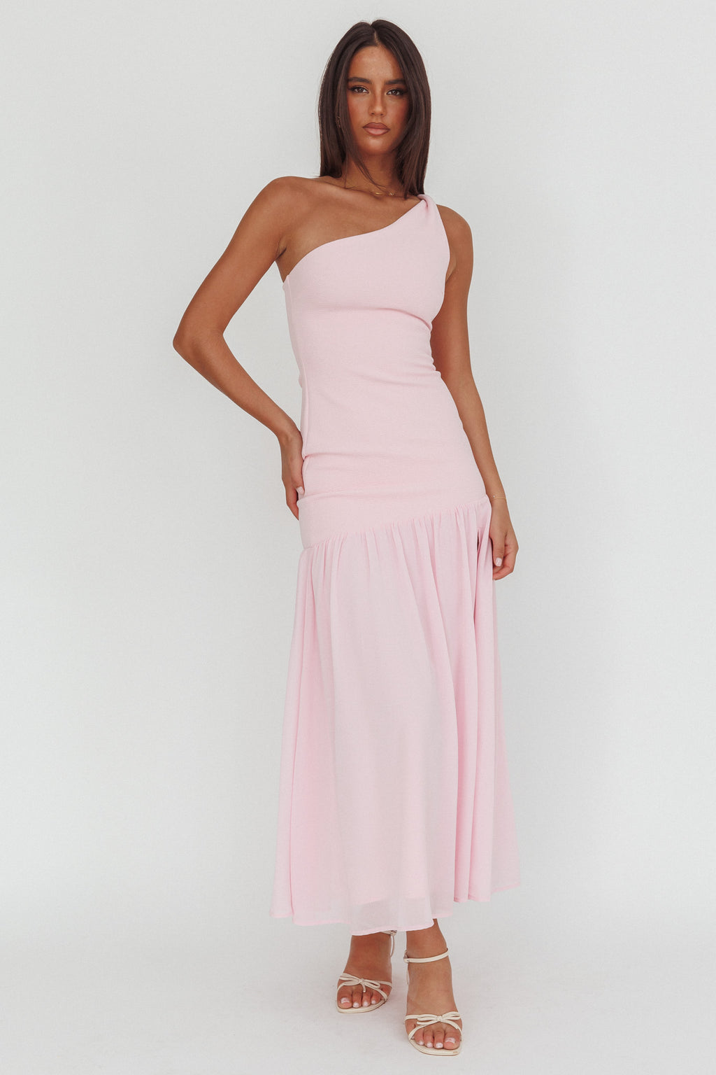 Lights On One-Shoulder Drop Waist Maxi Dress Pink by Selfie Leslie Australia