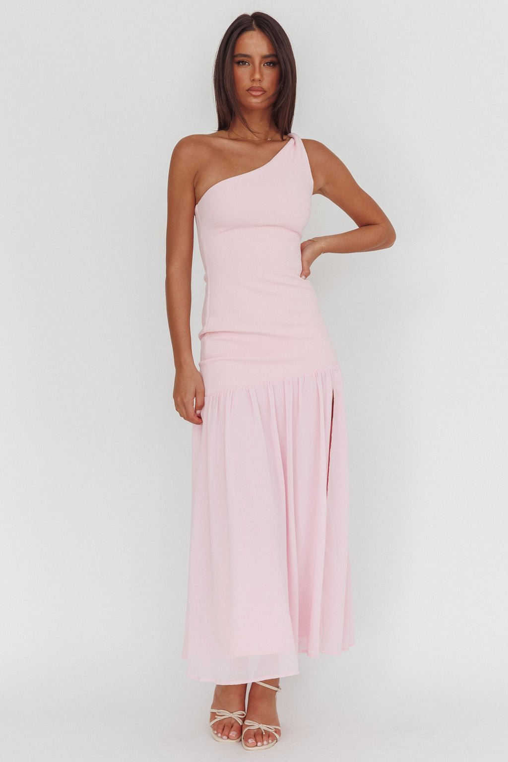 Lights On One-Shoulder Drop Waist Maxi Dress Pink by Selfie Leslie Australia