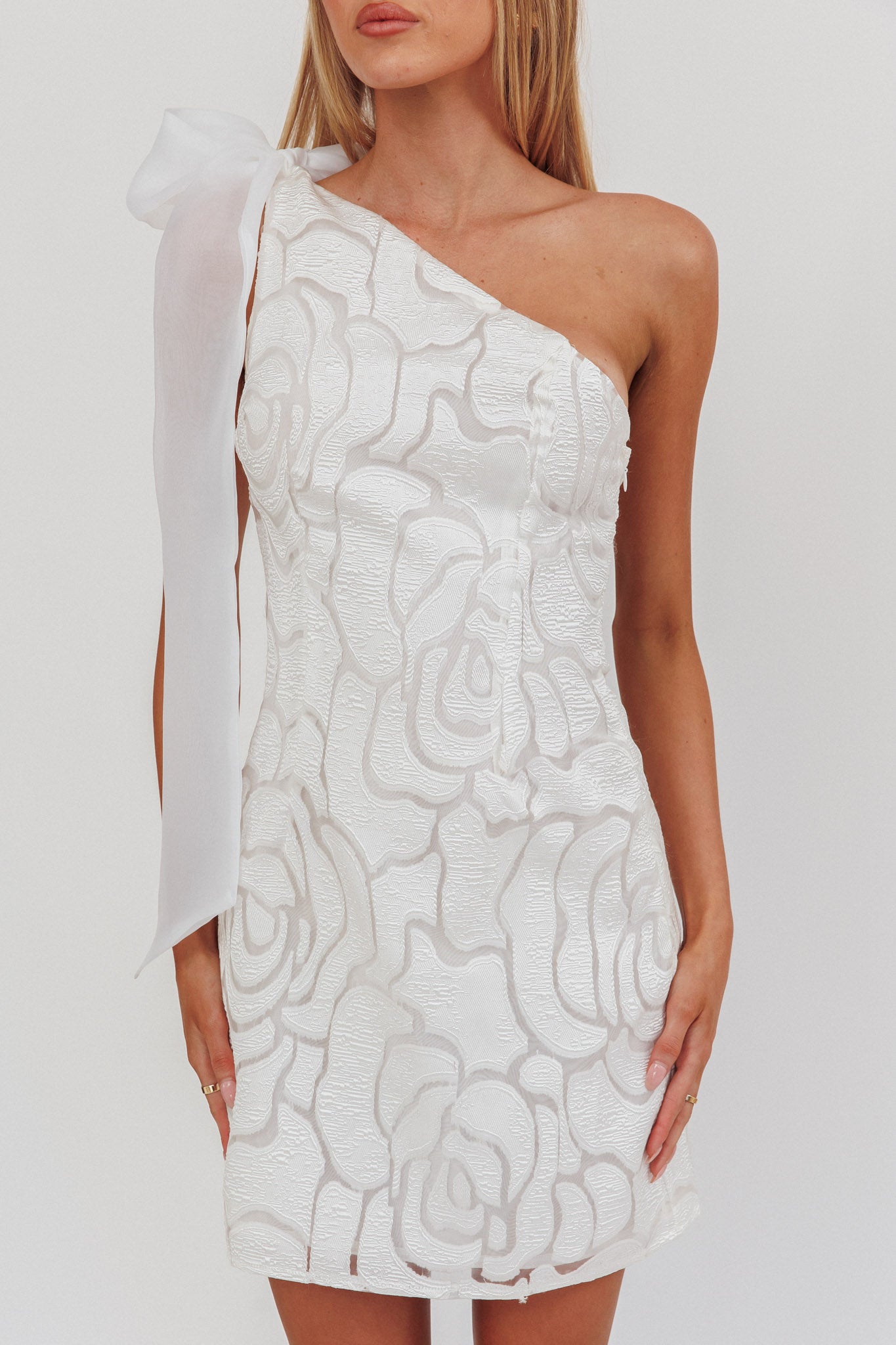 Camil One Shoulder Bow Mini Dress White by Selfie Leslie Australia