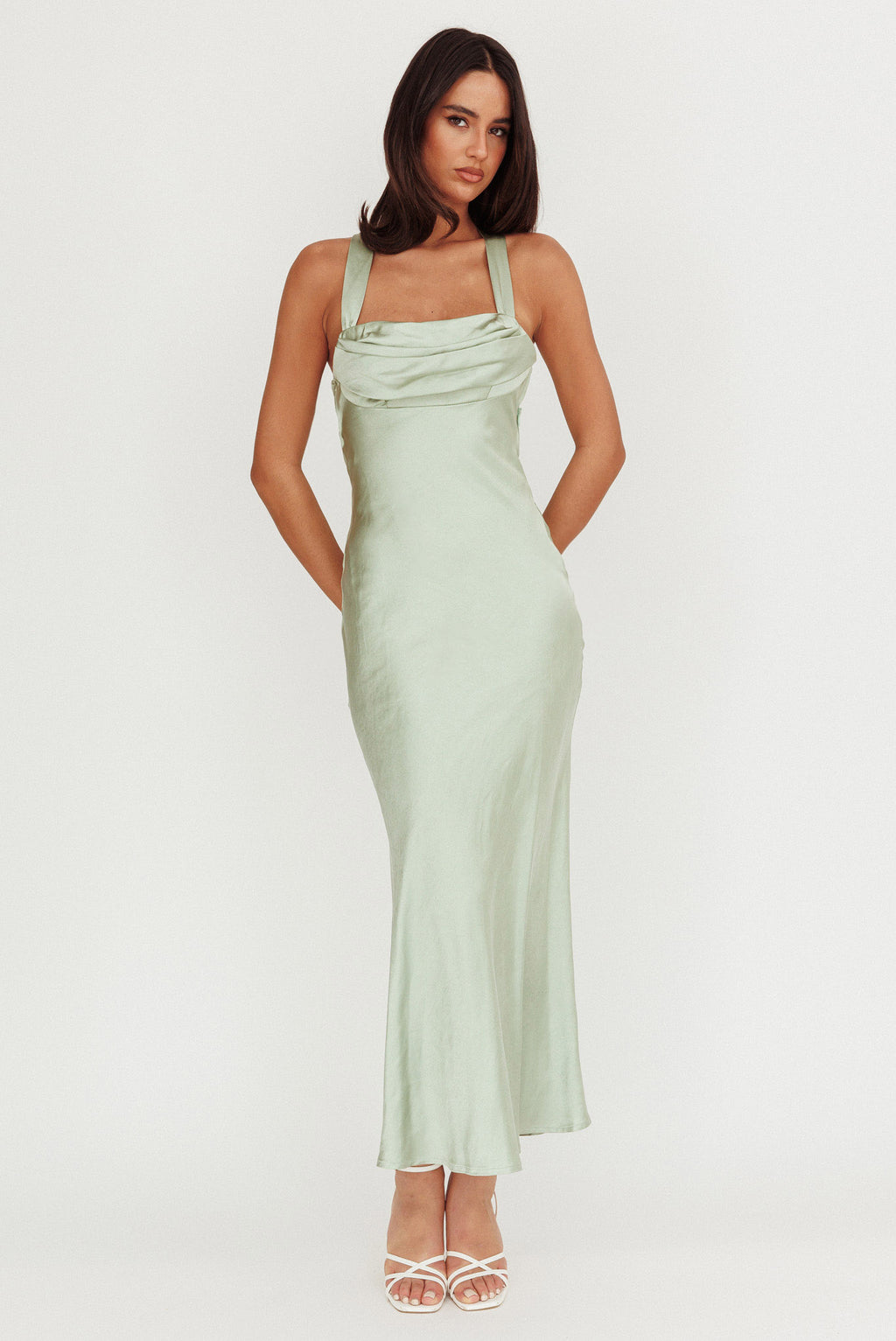 Favorite Part Crossover Back Satin Maxi Dress Sage by Selfie Leslie Australia