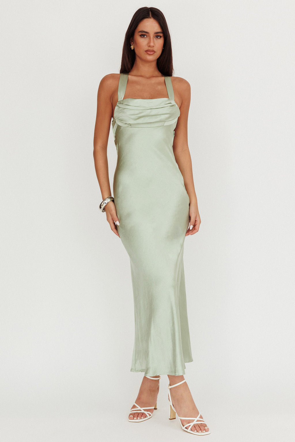 Favorite Part Crossover Back Satin Maxi Dress Sage by Selfie Leslie Australia