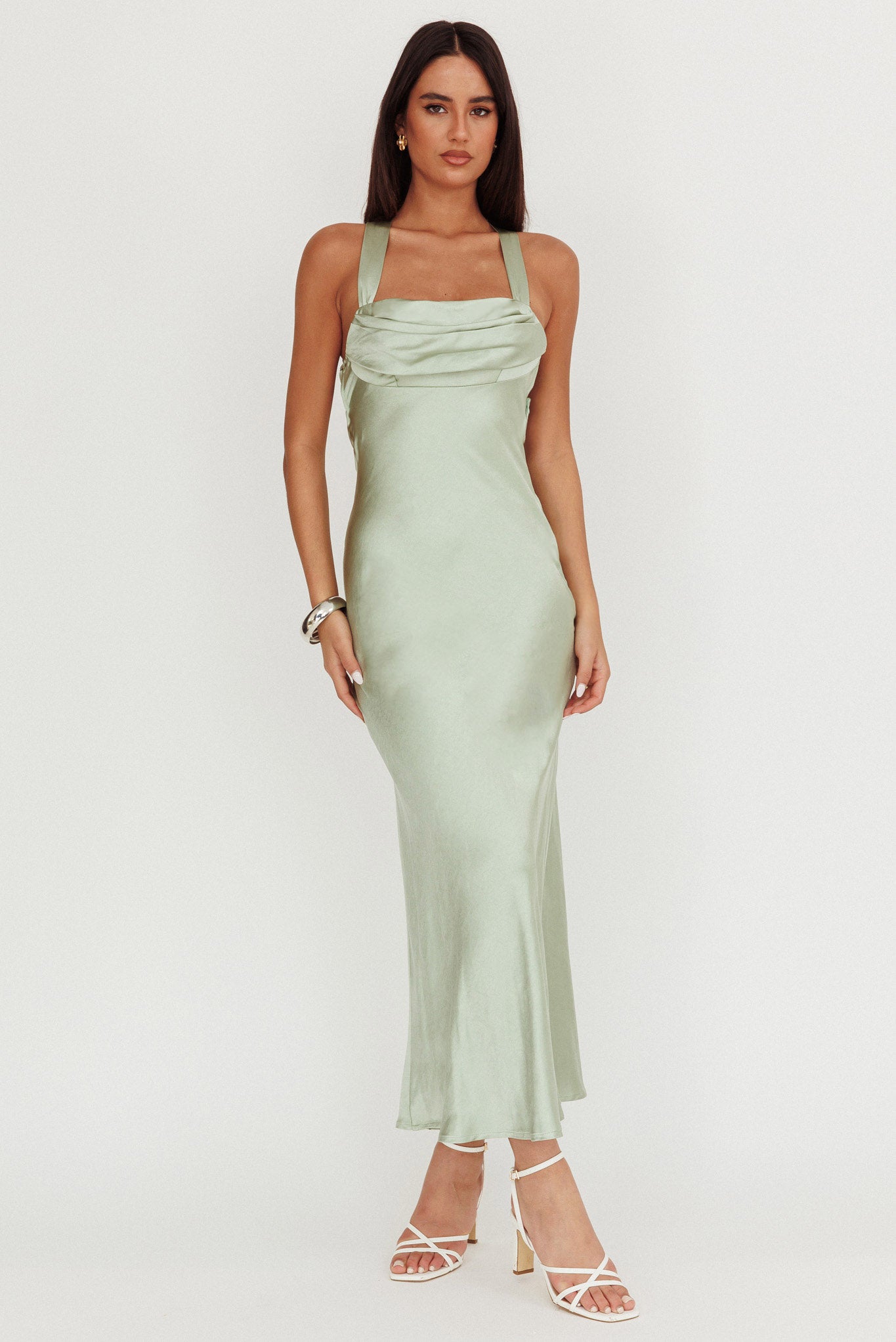 Favorite Part Crossover Back Satin Maxi Dress Sage by Selfie Leslie Australia