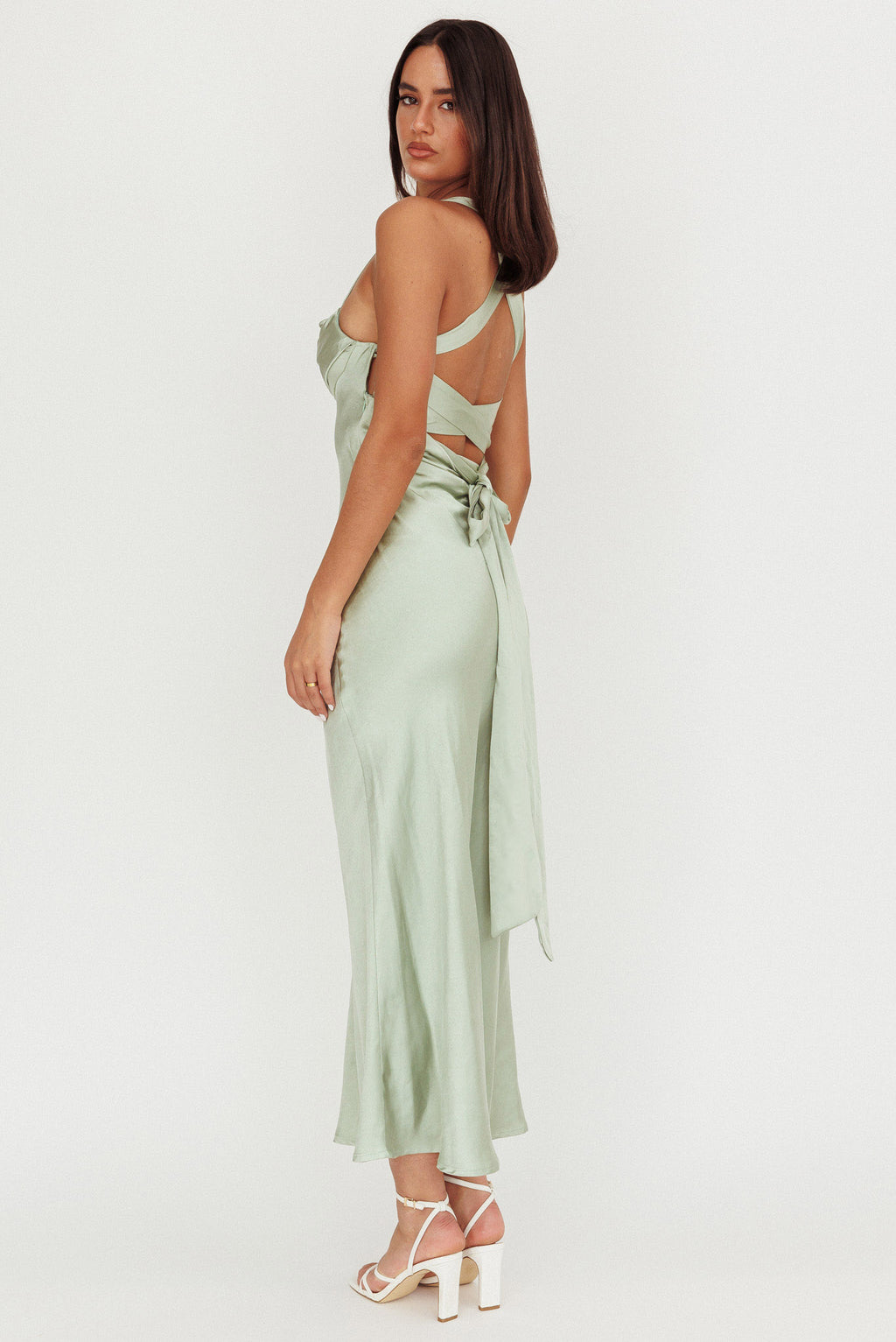 Favorite Part Crossover Back Satin Maxi Dress Sage by Selfie Leslie Australia