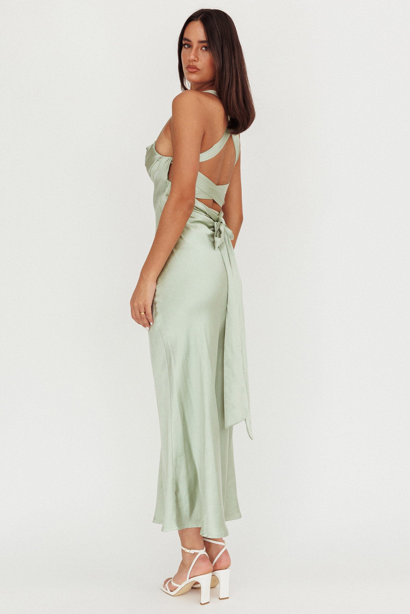 Favorite Part Crossover Back Satin Maxi Dress Sage by Selfie Leslie Australia