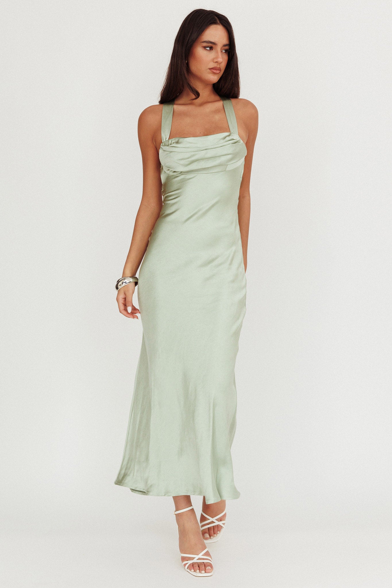 Favorite Part Crossover Back Satin Maxi Dress Sage by Selfie Leslie Australia