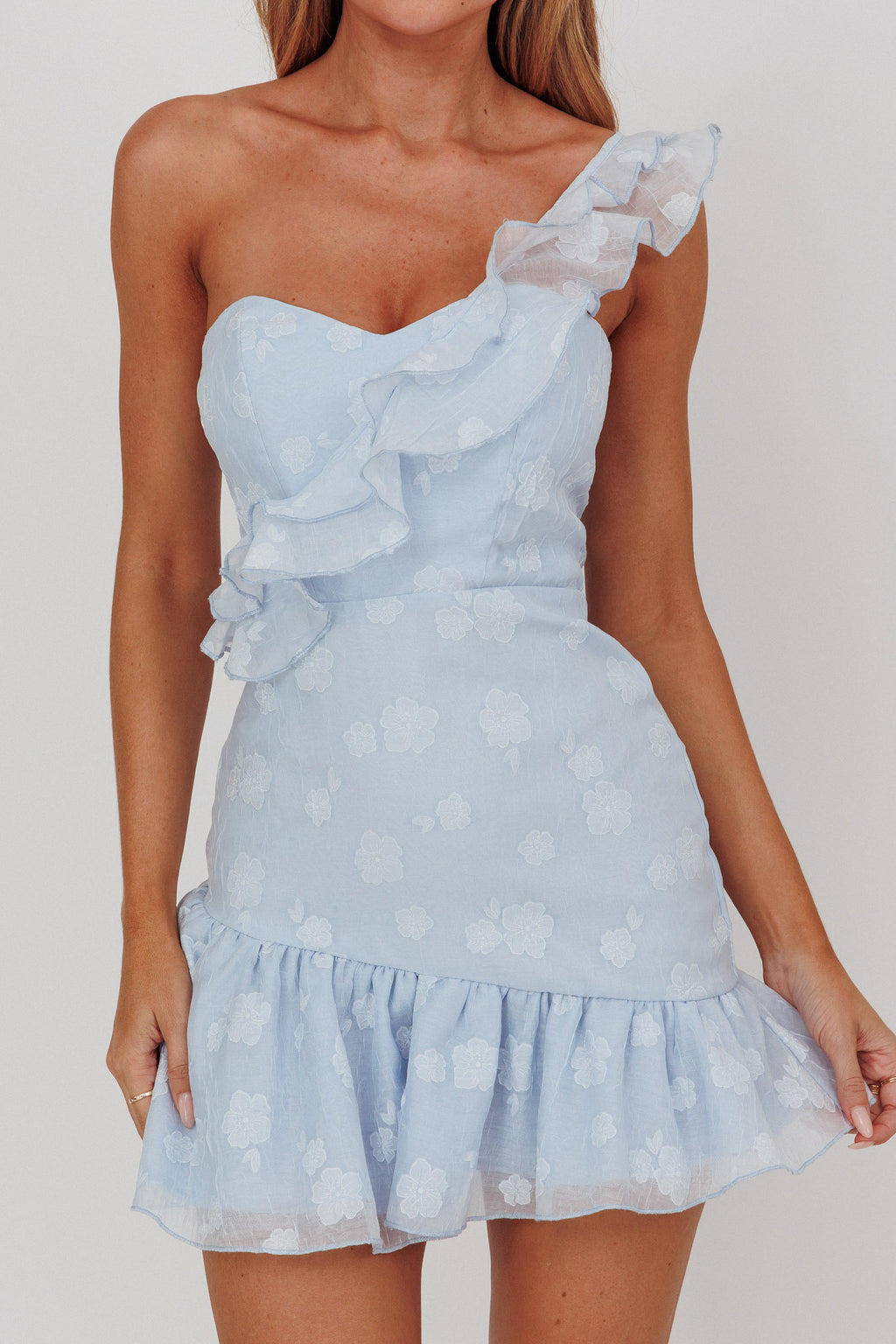 Minka One-Shoulder Ruffle Mini Dress Blue by Selfie Leslie Australia