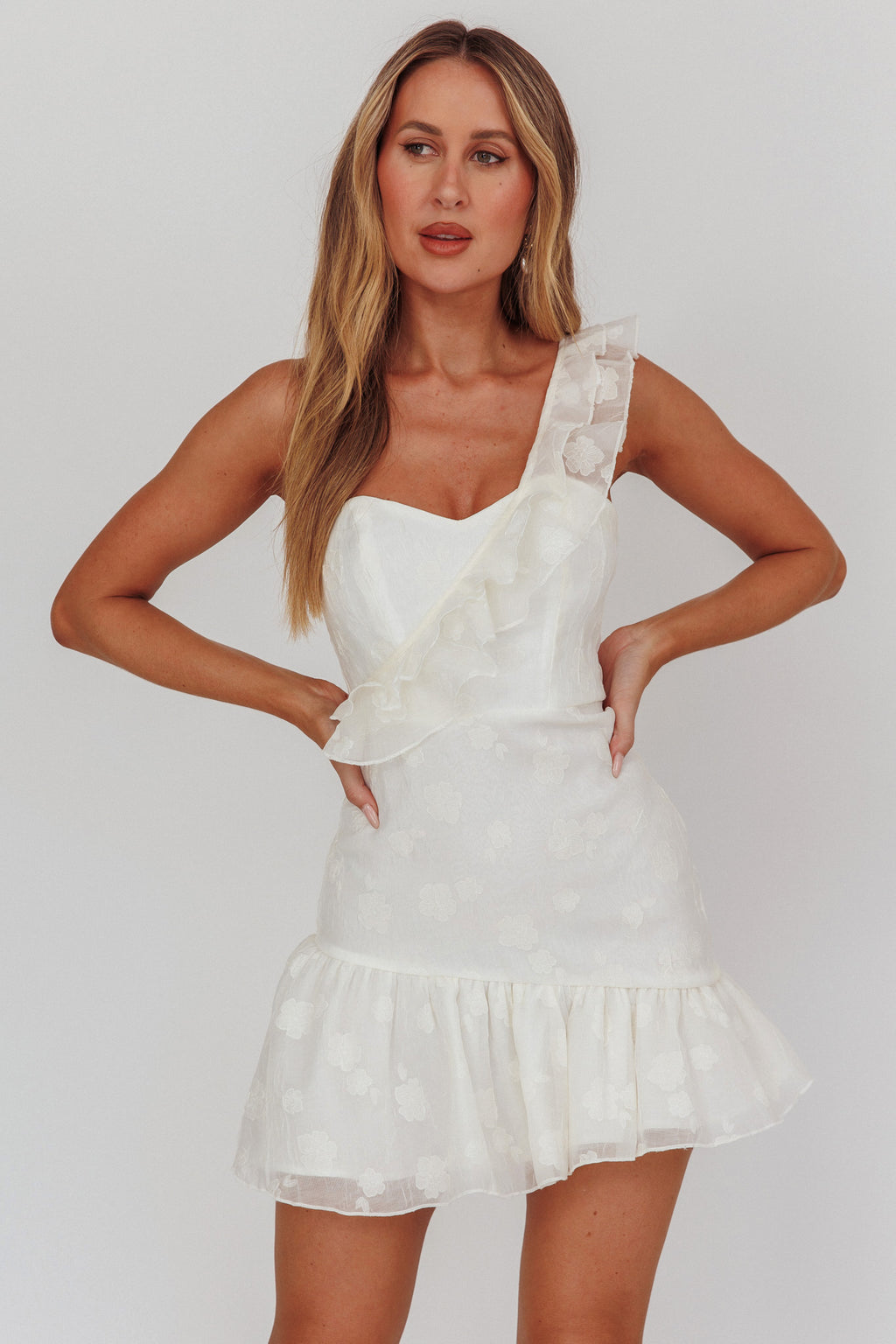 Minka One-Shoulder Ruffle Mini Dress Off White by Selfie Leslie Australia