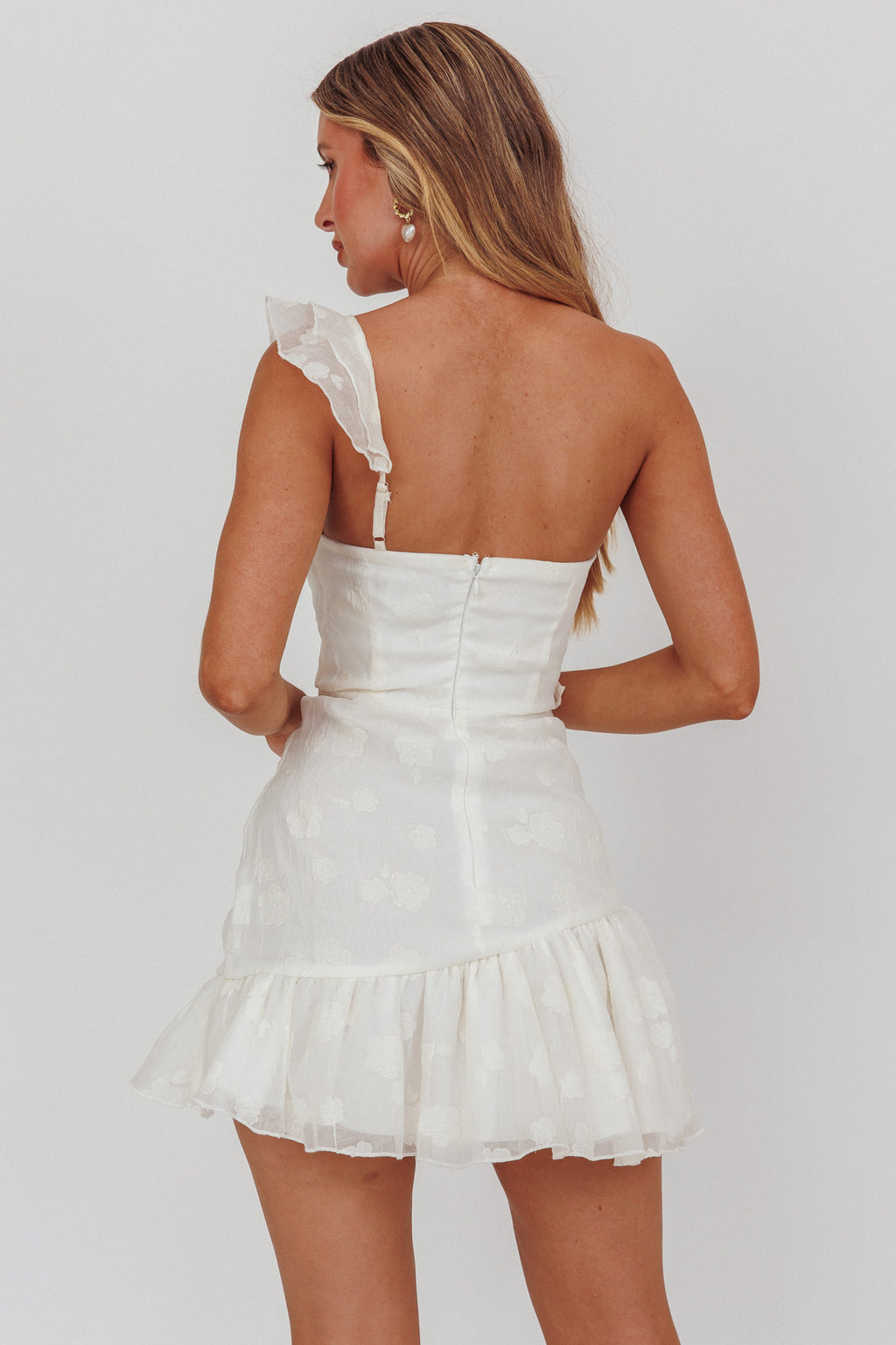 Minka One-Shoulder Ruffle Mini Dress Off White by Selfie Leslie Australia