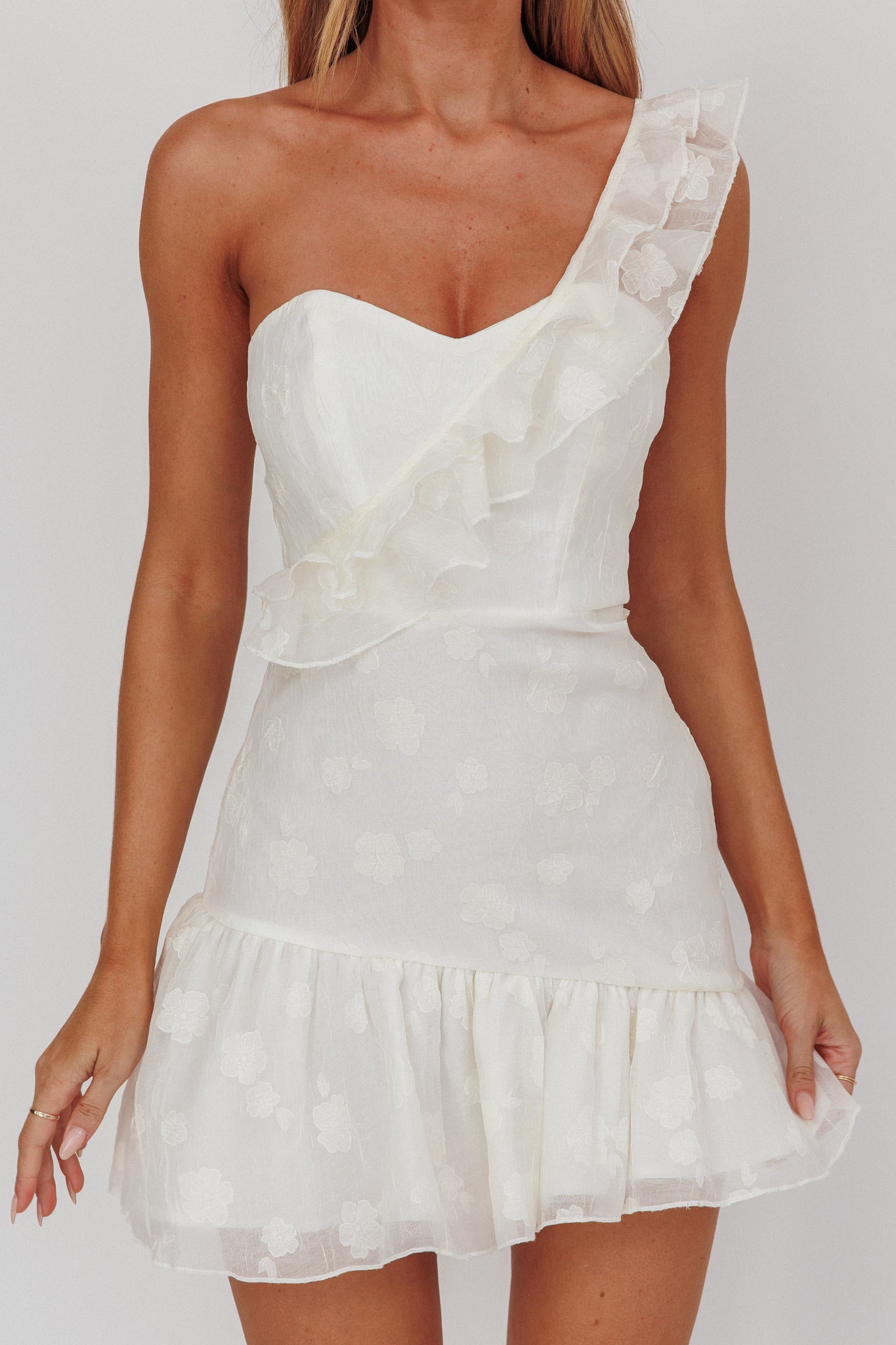 Minka One-Shoulder Ruffle Mini Dress Off White by Selfie Leslie Australia