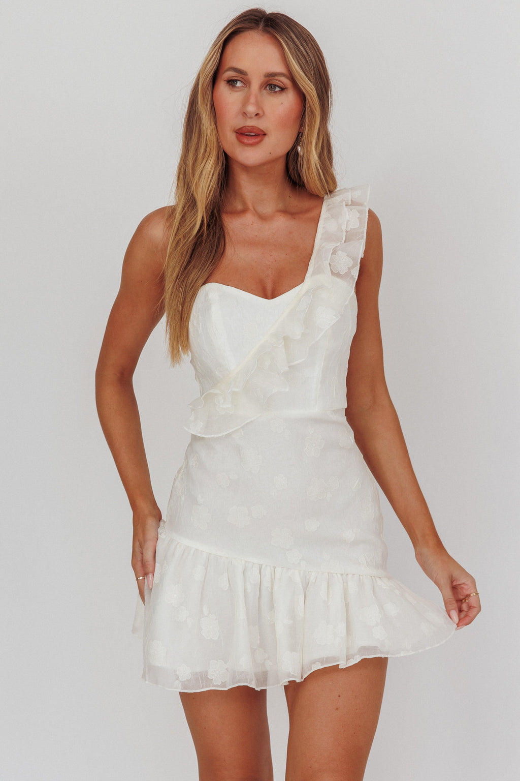 Minka One-Shoulder Ruffle Mini Dress Off White by Selfie Leslie Australia