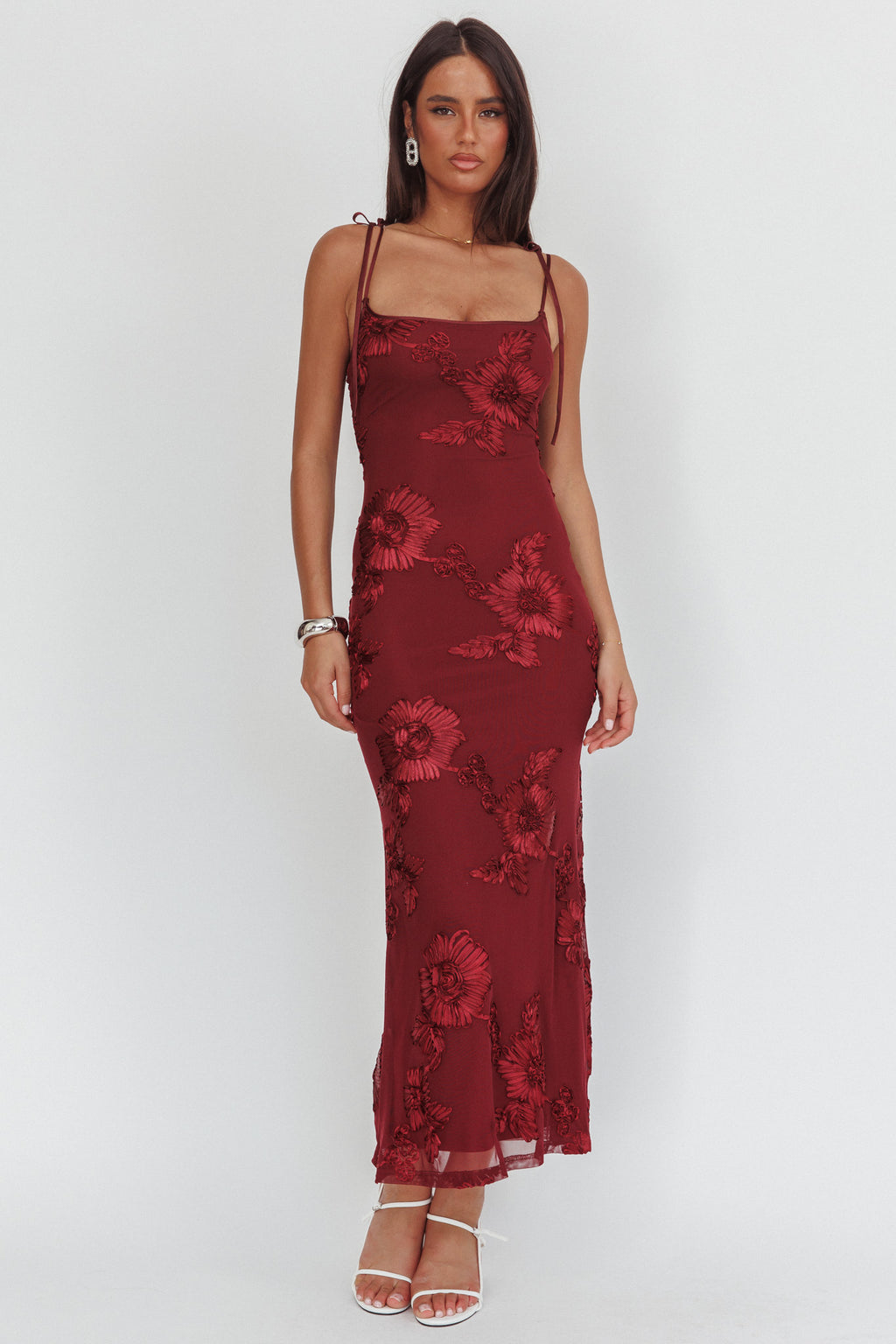 Kaela Tied Shoulder Maxi Dress Embellished Wine by Selfie Leslie Australia