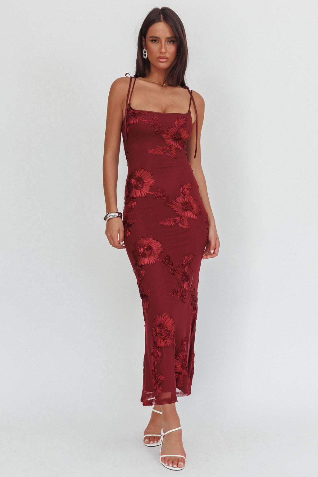 Kaela Tied Shoulder Maxi Dress Embellished Wine by Selfie Leslie Australia