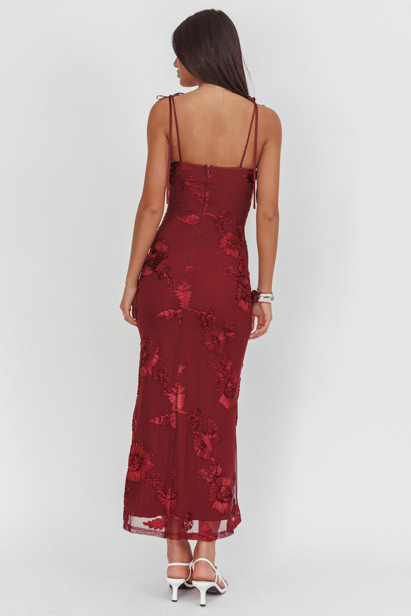 Kaela Tied Shoulder Maxi Dress Embellished Wine by Selfie Leslie Australia