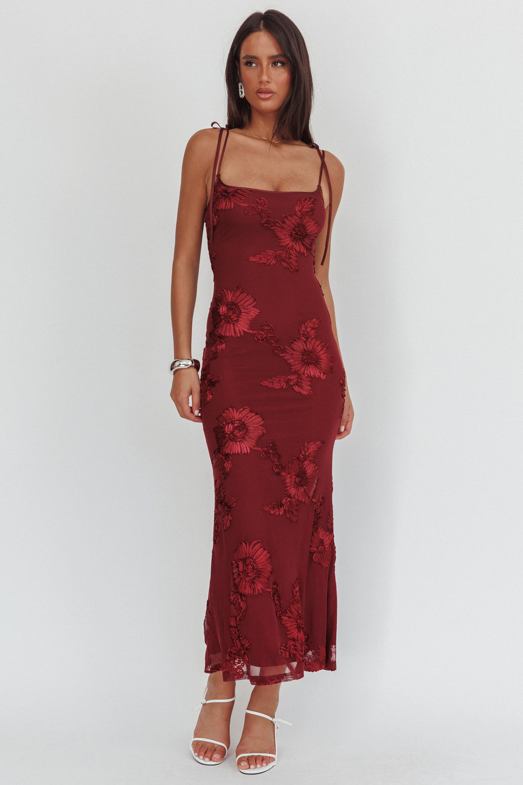 Kaela Tied Shoulder Maxi Dress Embellished Wine by Selfie Leslie Australia