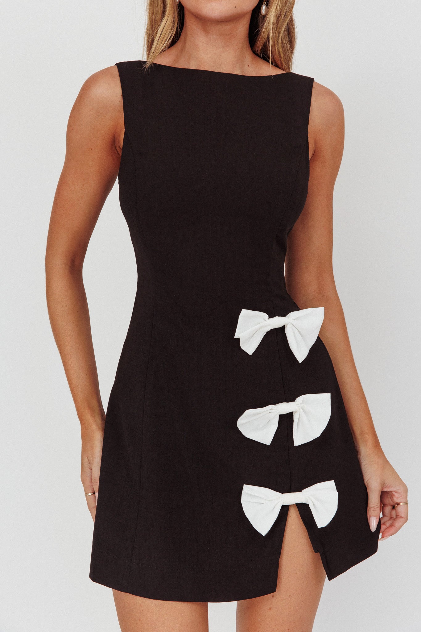 Ascott Bow Slit Mini Dress Black by Selfie Leslie Australia
