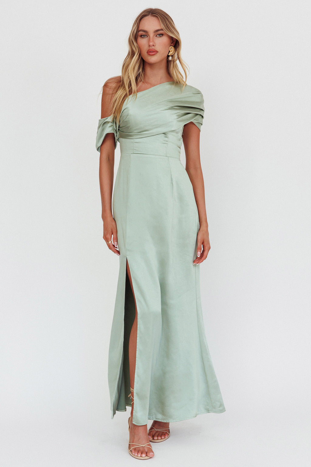 Bellissima Asymmetric Shoulder Maxi Dress Sage by Selfie Leslie Australia