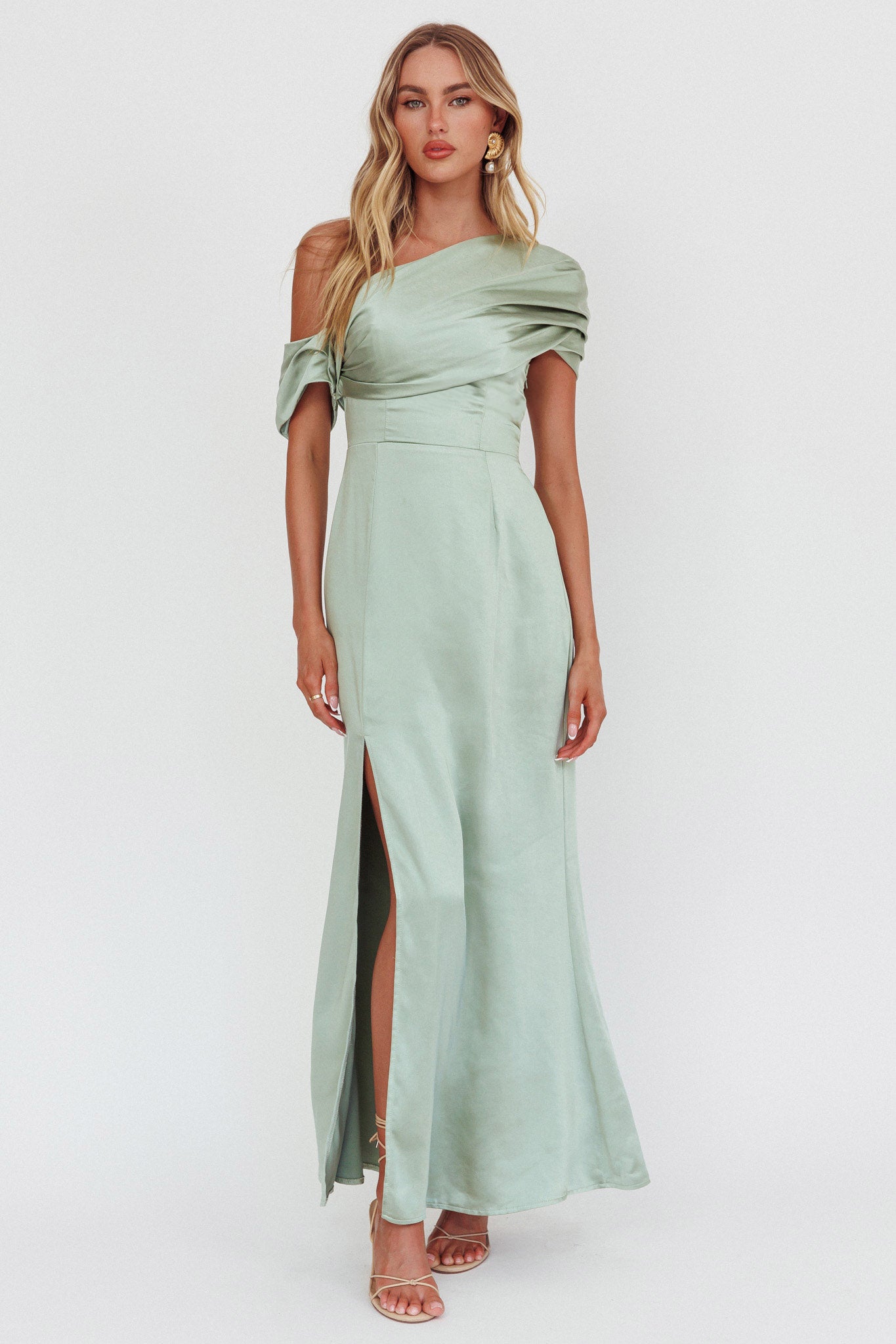 Bellissima Asymmetric Shoulder Maxi Dress Sage by Selfie Leslie Australia