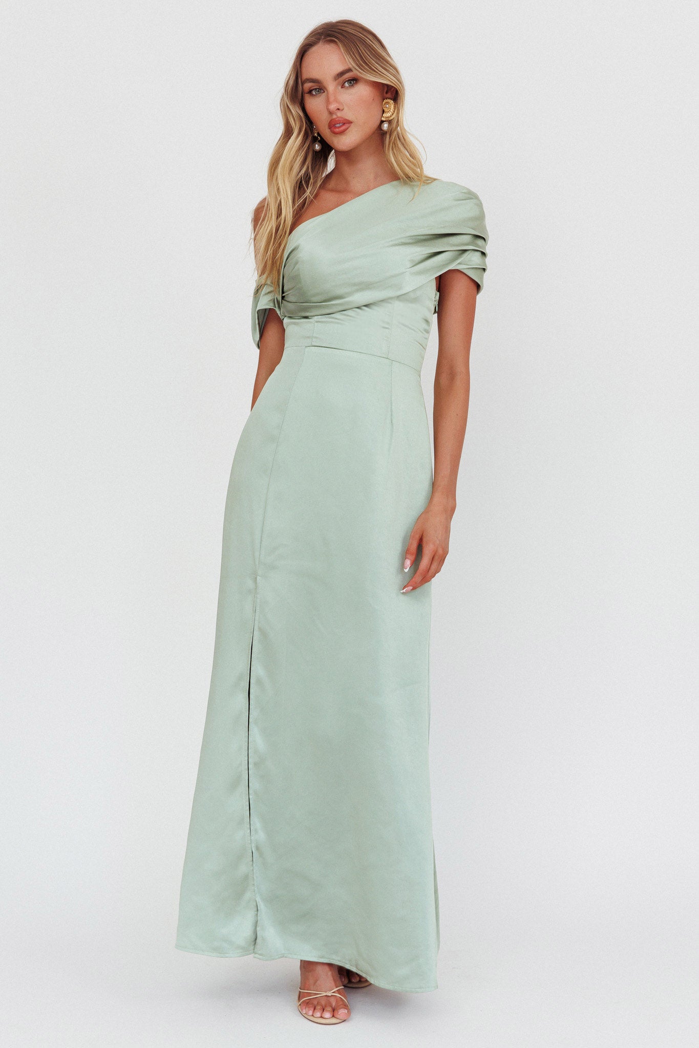 Bellissima Asymmetric Shoulder Maxi Dress Sage by Selfie Leslie Australia
