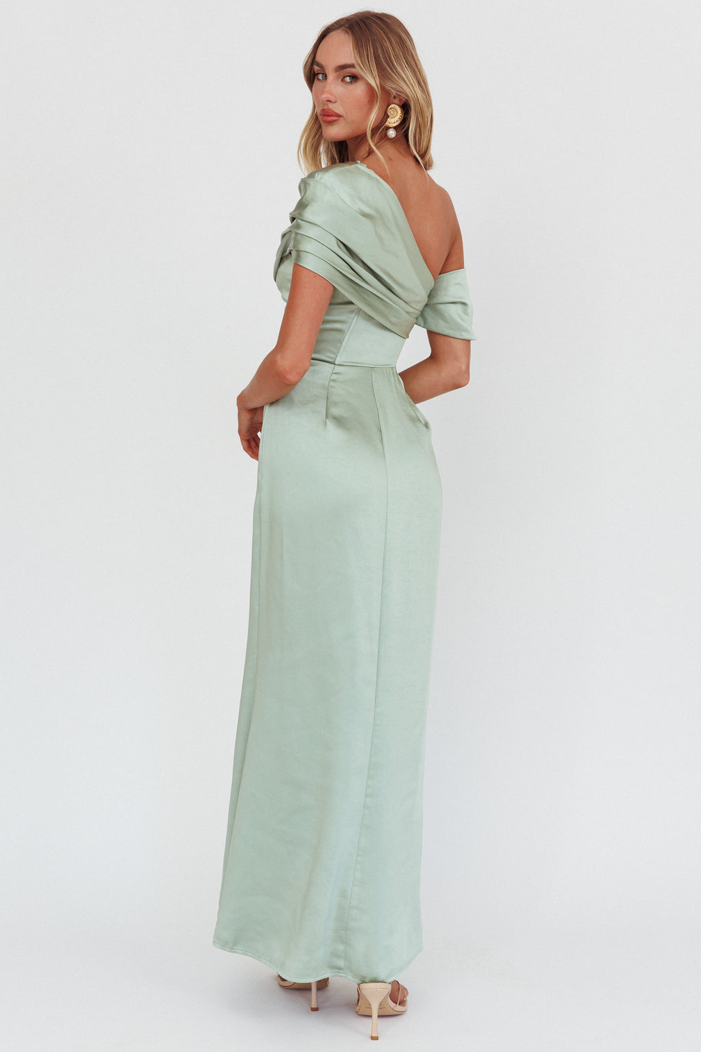 Bellissima Asymmetric Shoulder Maxi Dress Sage by Selfie Leslie Australia