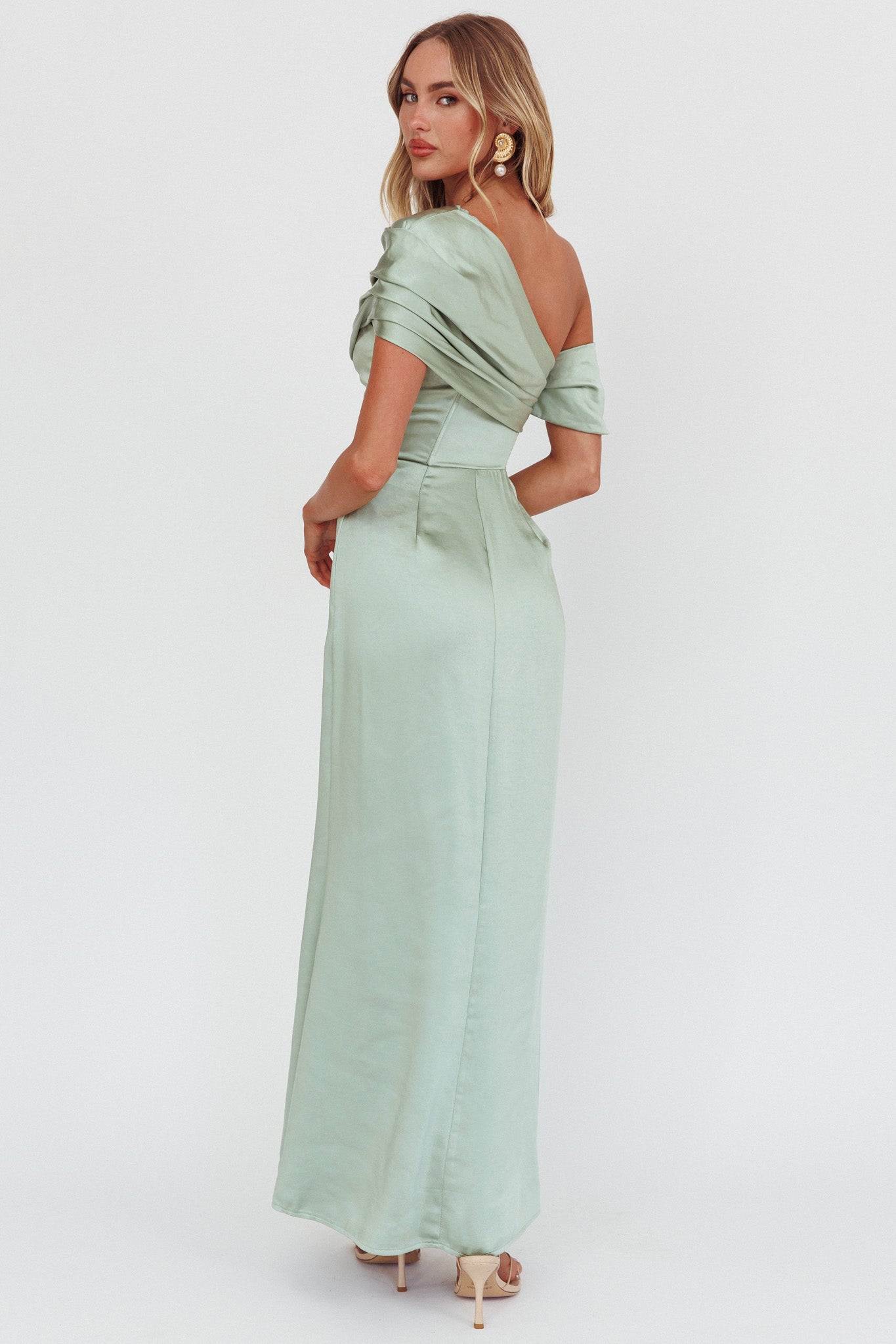 Bellissima Asymmetric Shoulder Maxi Dress Sage by Selfie Leslie Australia