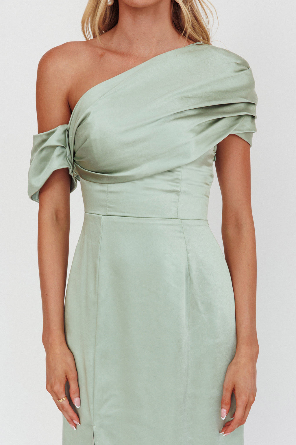 Bellissima Asymmetric Shoulder Maxi Dress Sage by Selfie Leslie Australia